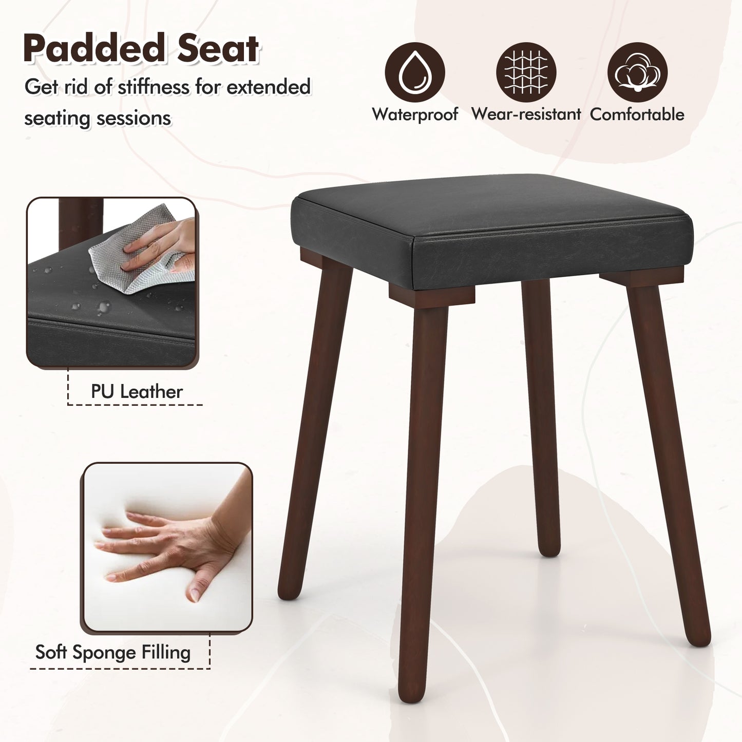 5 Piece Dining Set with Upholstered Stools and Solid Rubber Wood Legs for Kitchen or Dining Room