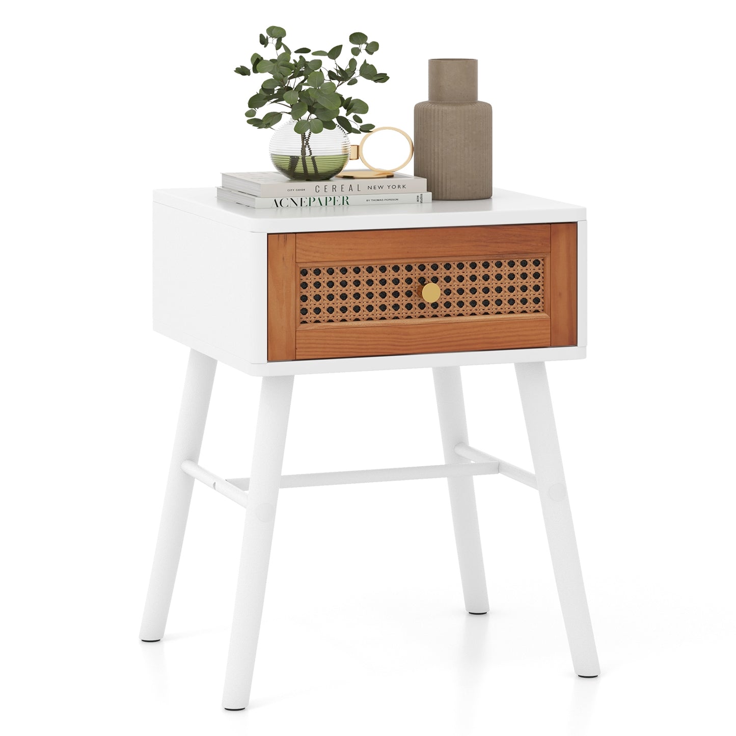 Mid-Century Rattan Nightstand with Drawer and Solid Wood Legs Accent Bedside Table