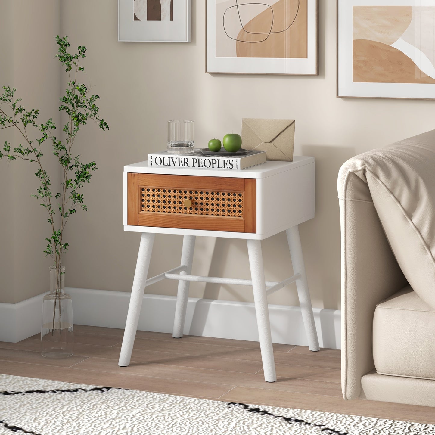 Mid-Century Rattan Nightstand with Drawer and Solid Wood Legs Accent Bedside Table