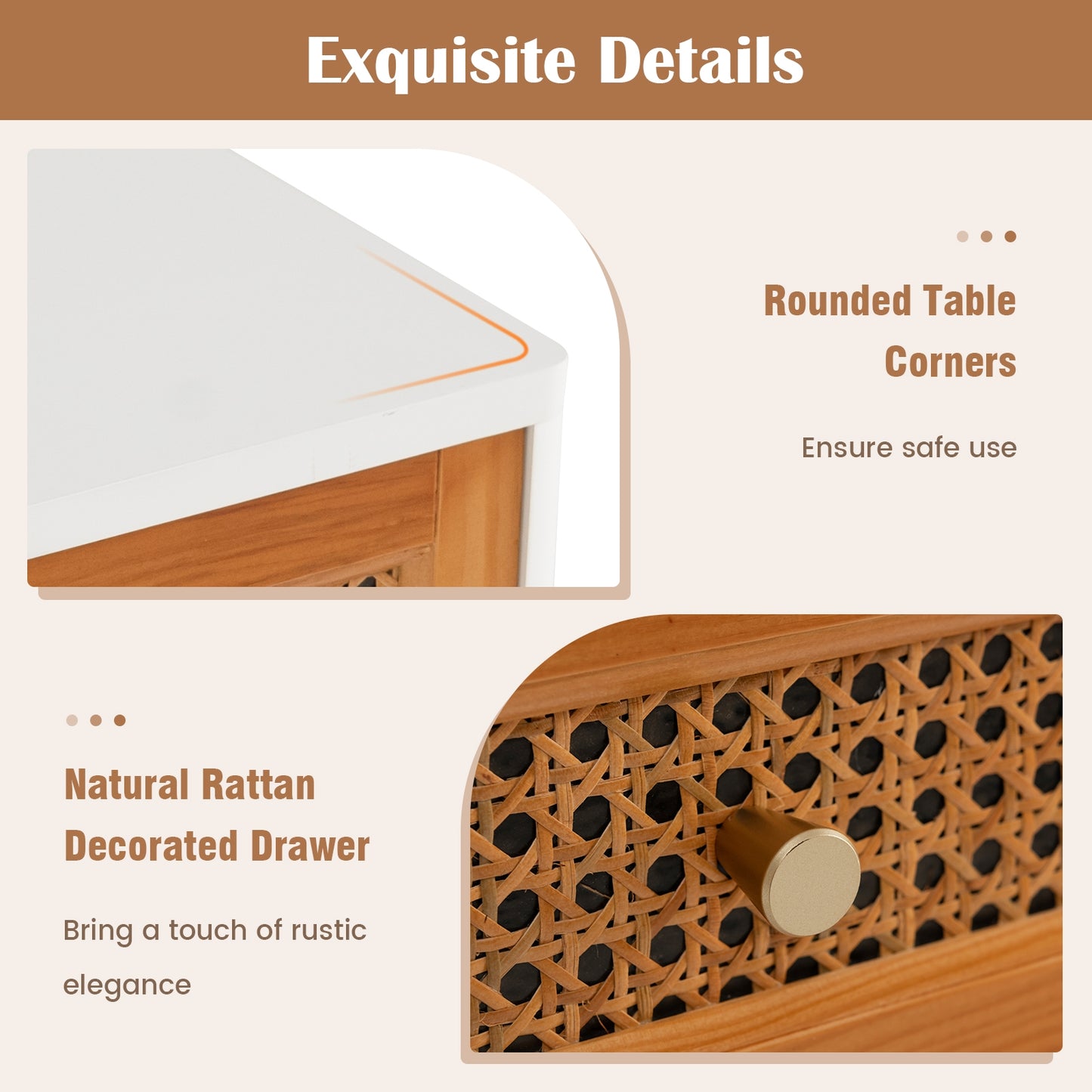 Mid-Century Rattan Nightstand with Drawer and Solid Wood Legs Accent Bedside Table