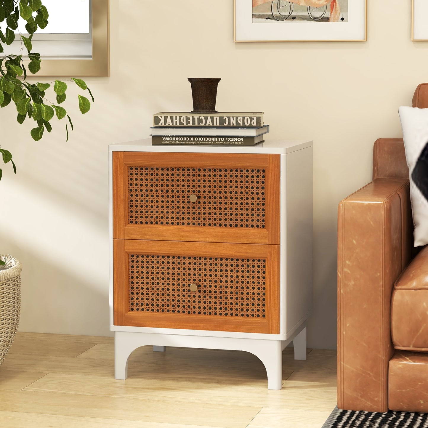 Boho Rattan Nightstand with 2 Drawers and Solid Wood Legs Accent Table