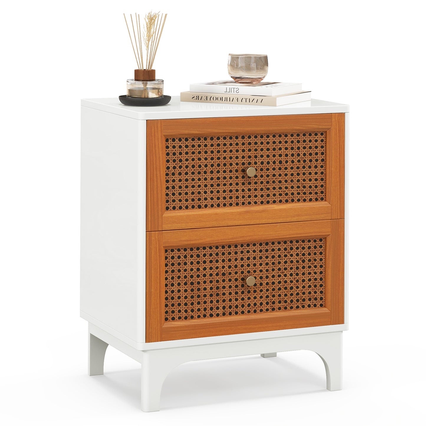 Boho Rattan Nightstand with 2 Drawers and Solid Wood Legs Accent Table