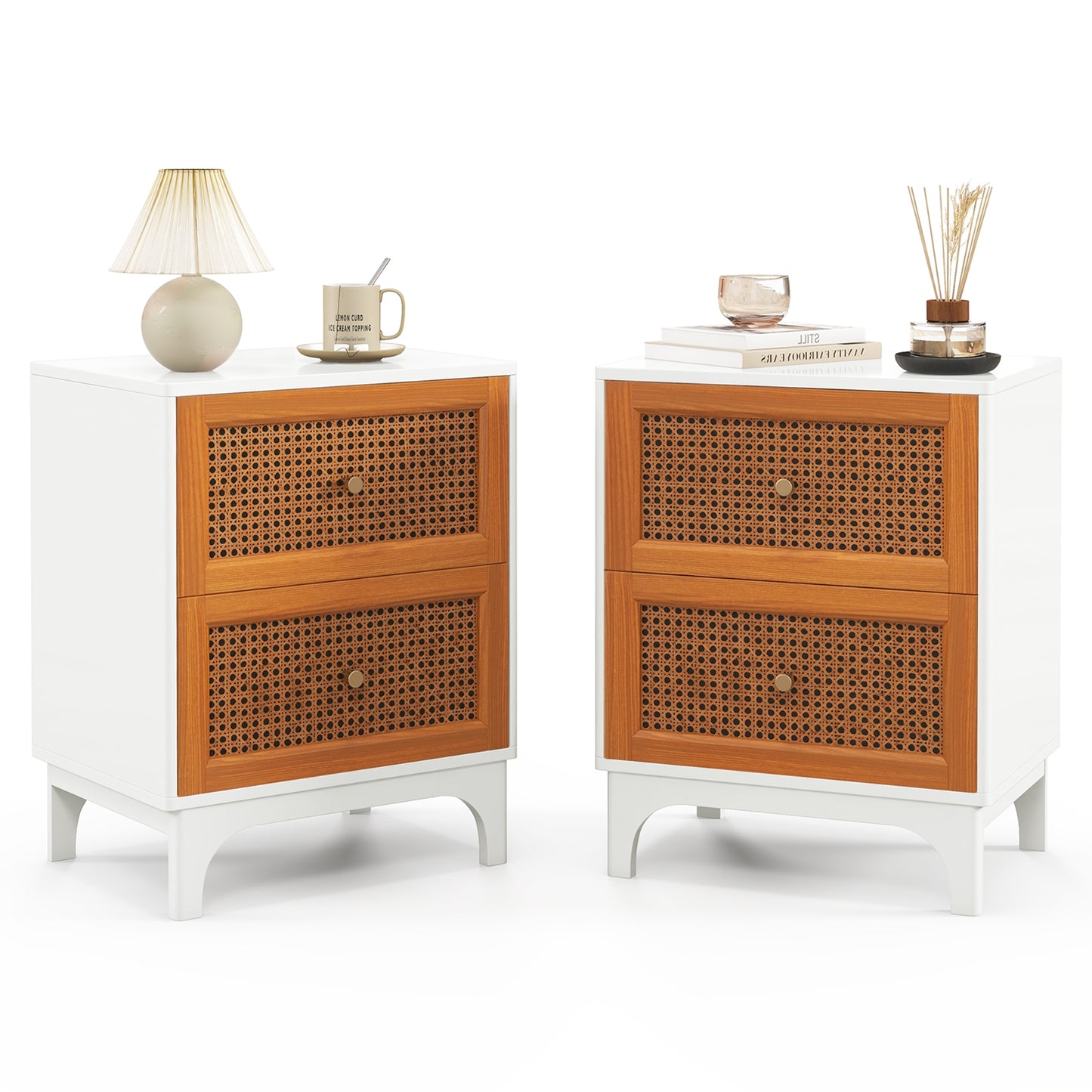 Boho Rattan Nightstand with 2 Drawers and Solid Wood Legs Accent Table