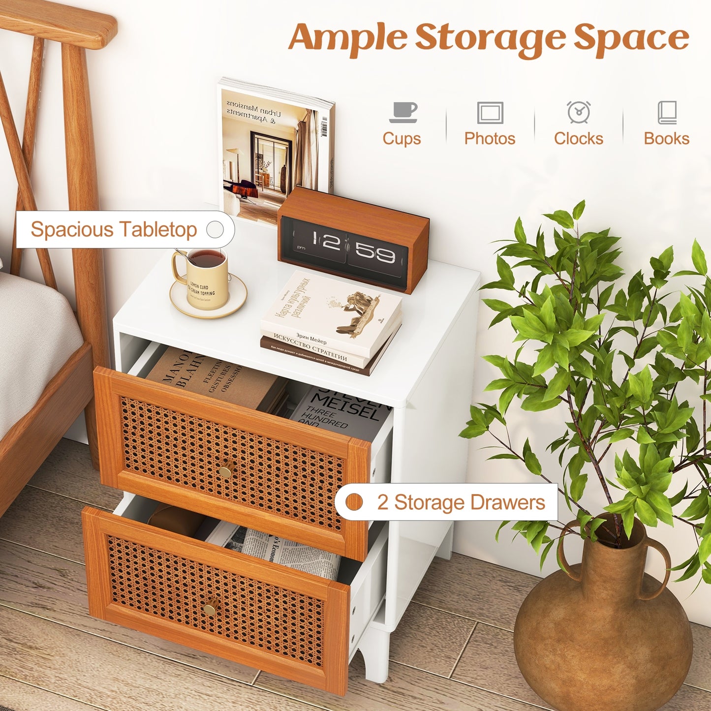 Boho Rattan Nightstand with 2 Drawers and Solid Wood Legs Accent Table