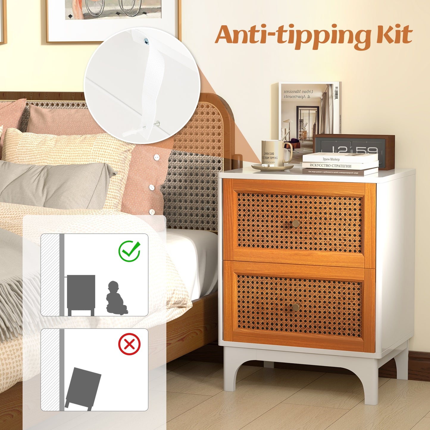 Boho Rattan Nightstand with 2 Drawers and Solid Wood Legs Accent Table