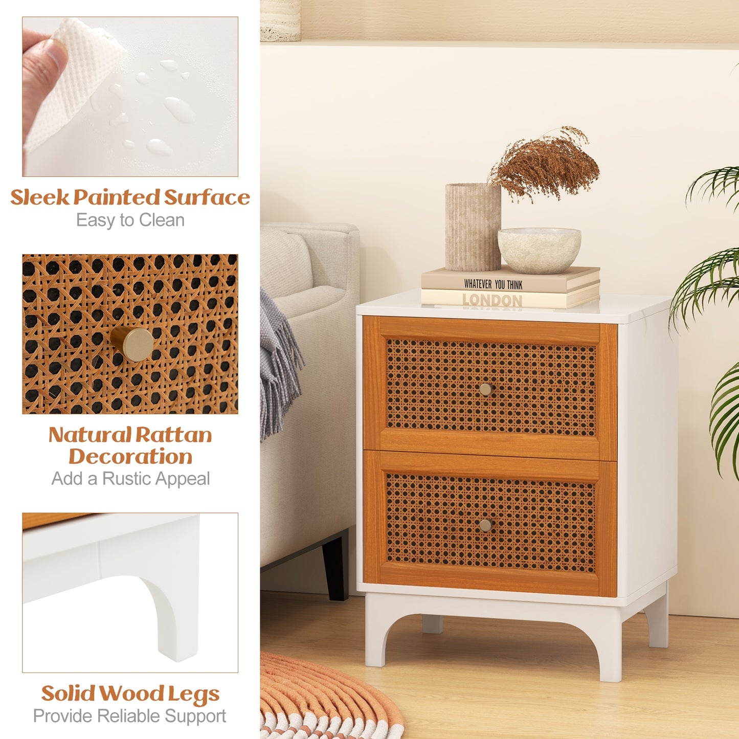 Boho Rattan Nightstand with 2 Drawers and Solid Wood Legs Accent Table
