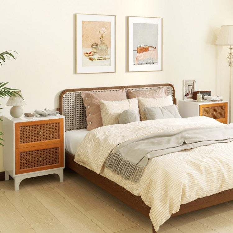 Boho Rattan Nightstand with 2 Drawers and Solid Wood Legs Accent Table