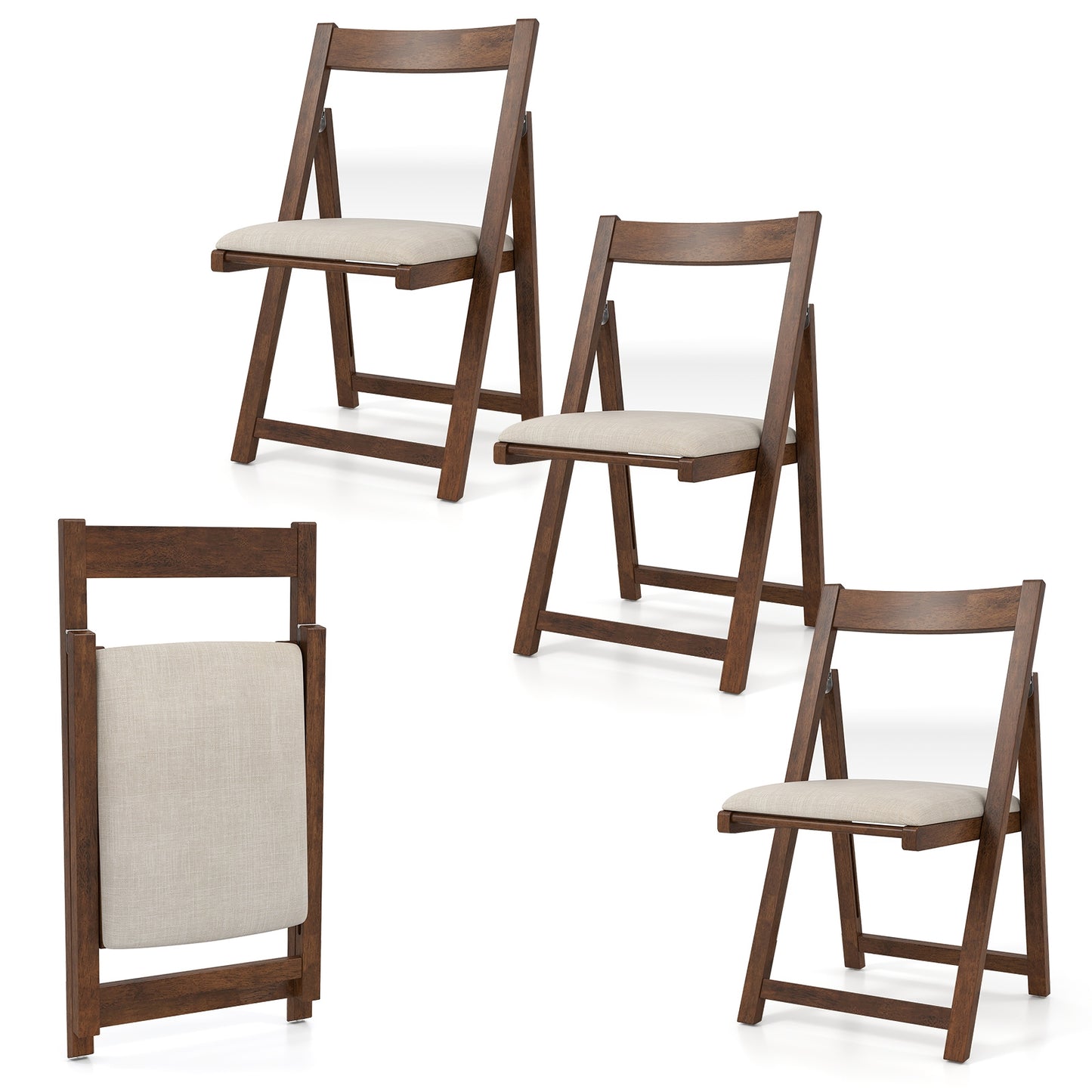 Set of 4 Folding Upholstered Dining Chairs with Curved Backrest in Walnut