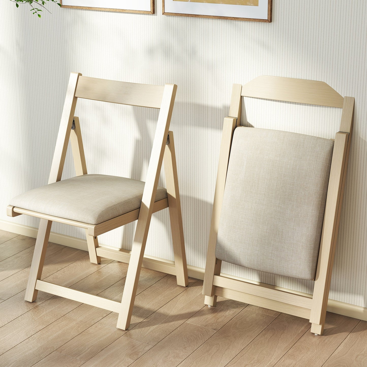 Set of 4 Folding Upholstered Dining Chairs with Curved Backrest in Beige