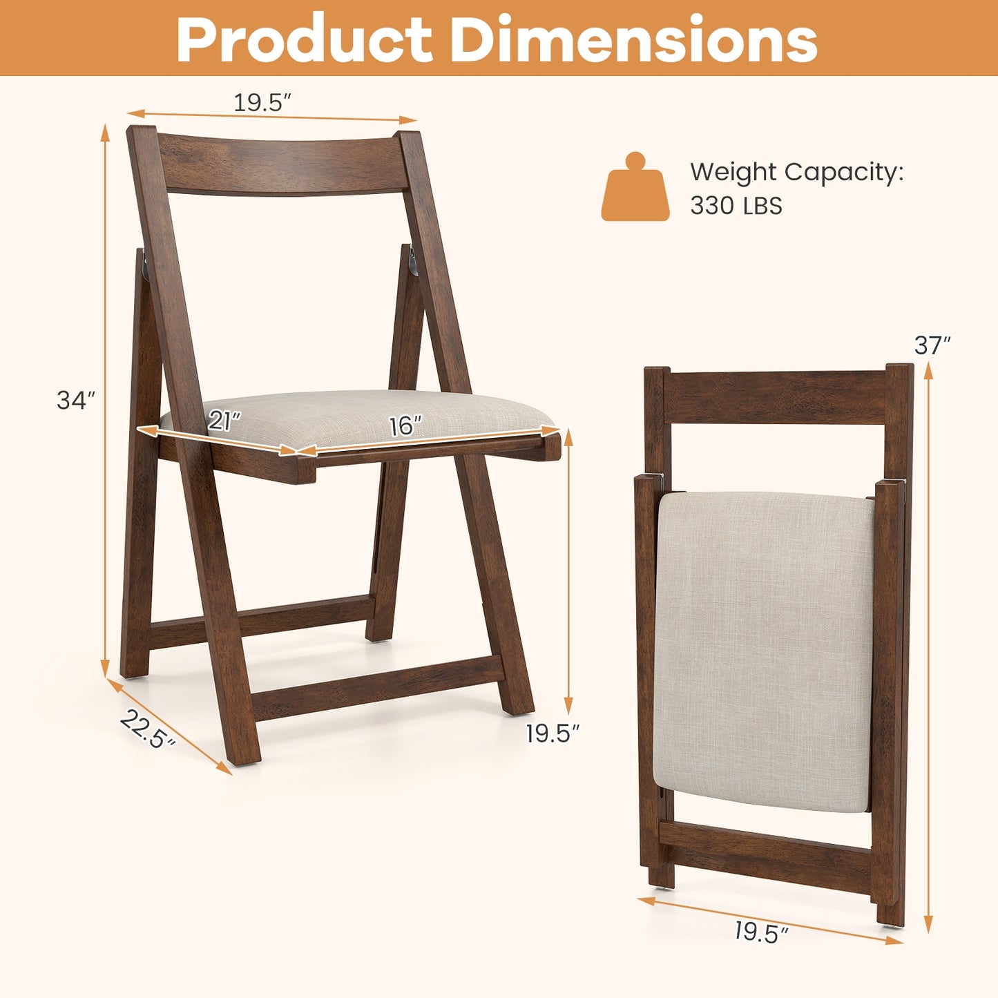 Set of 4 Folding Upholstered Dining Chairs with Curved Backrest in Walnut