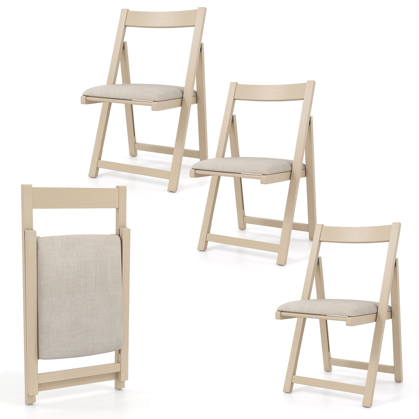 Set of 4 Folding Upholstered Dining Chairs with Curved Backrest in Beige