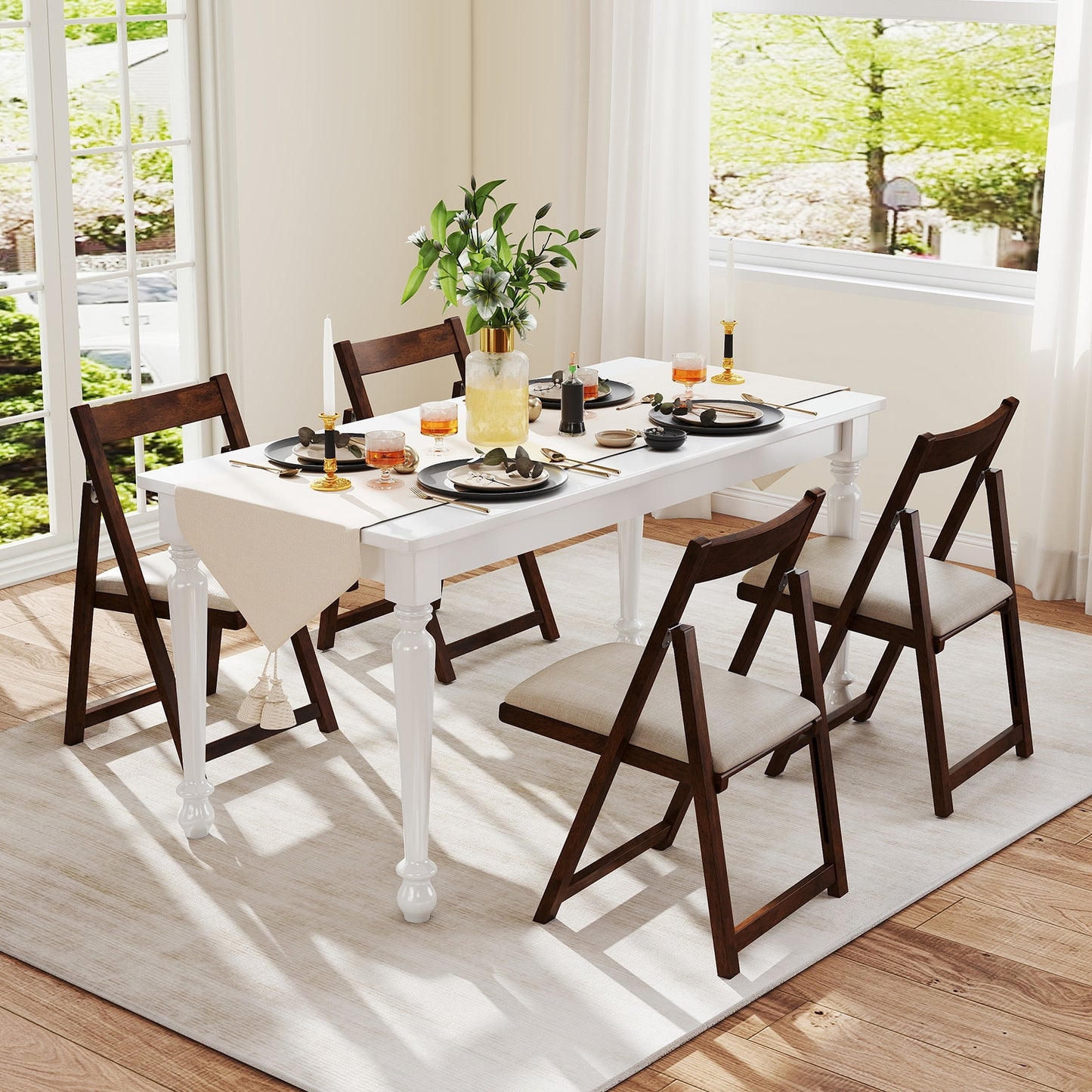 Set of 4 Folding Upholstered Dining Chairs with Curved Backrest in Walnut