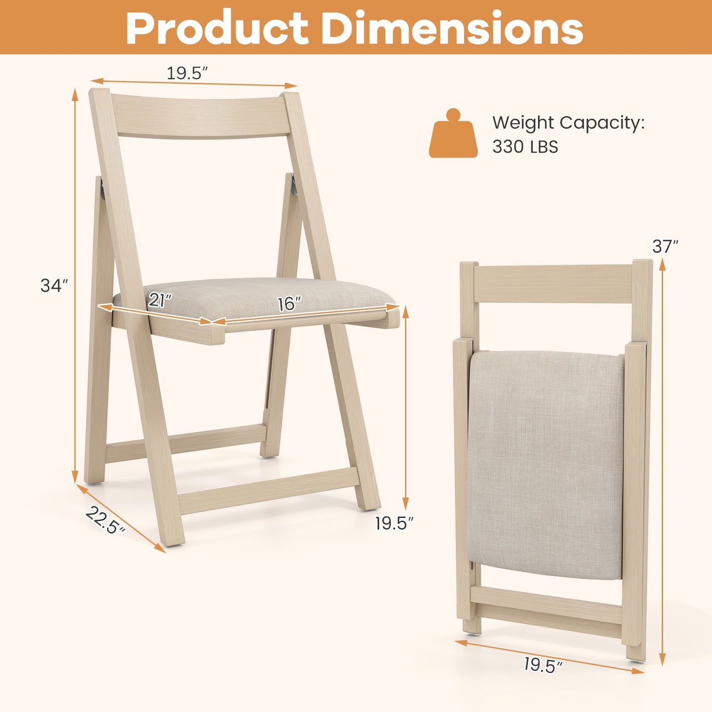 Set of 4 Folding Upholstered Dining Chairs with Curved Backrest in Beige