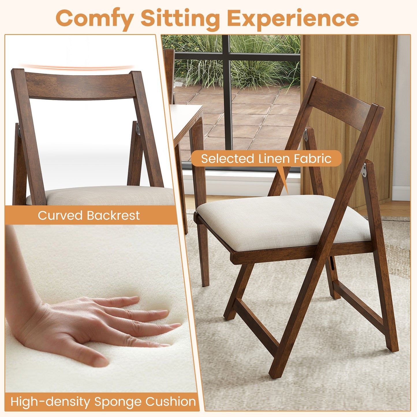 Set of 4 Folding Upholstered Dining Chairs with Curved Backrest in Walnut