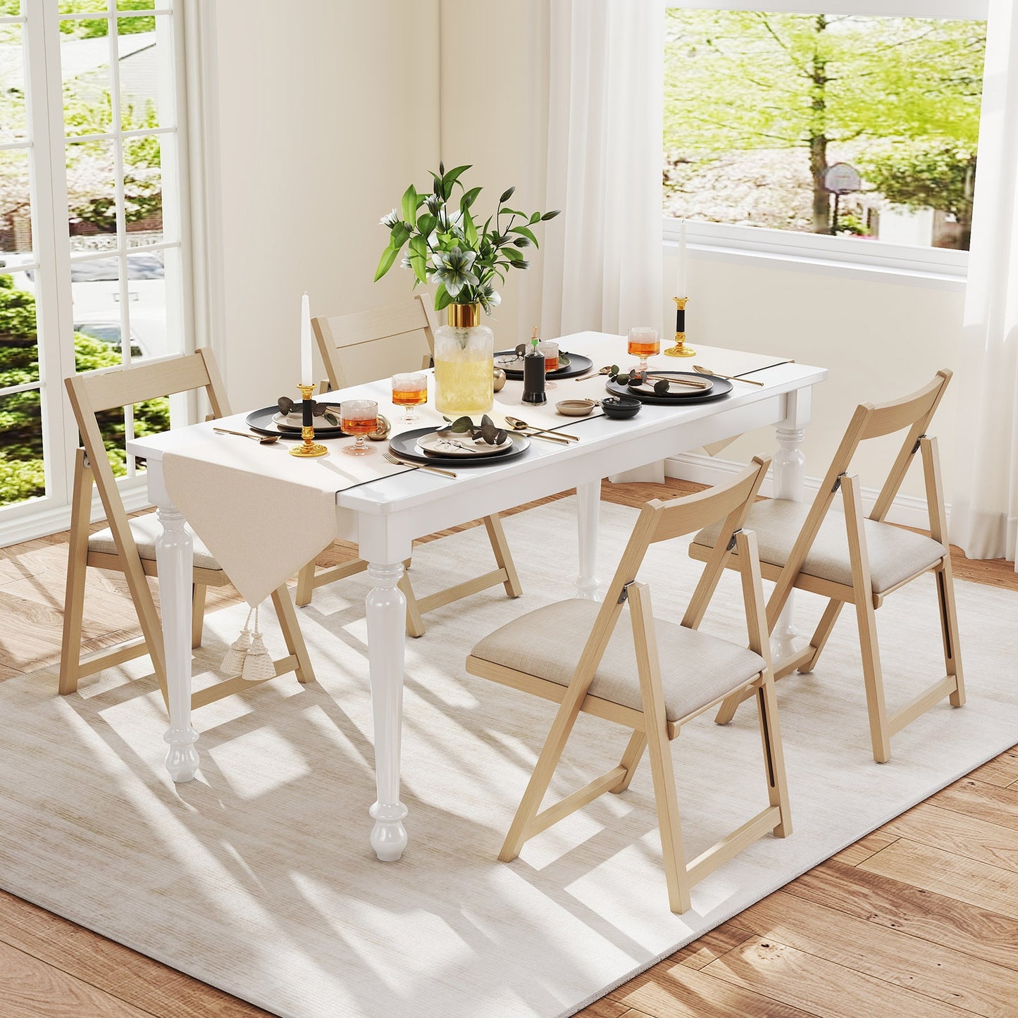 Set of 4 Folding Upholstered Dining Chairs with Curved Backrest in Beige