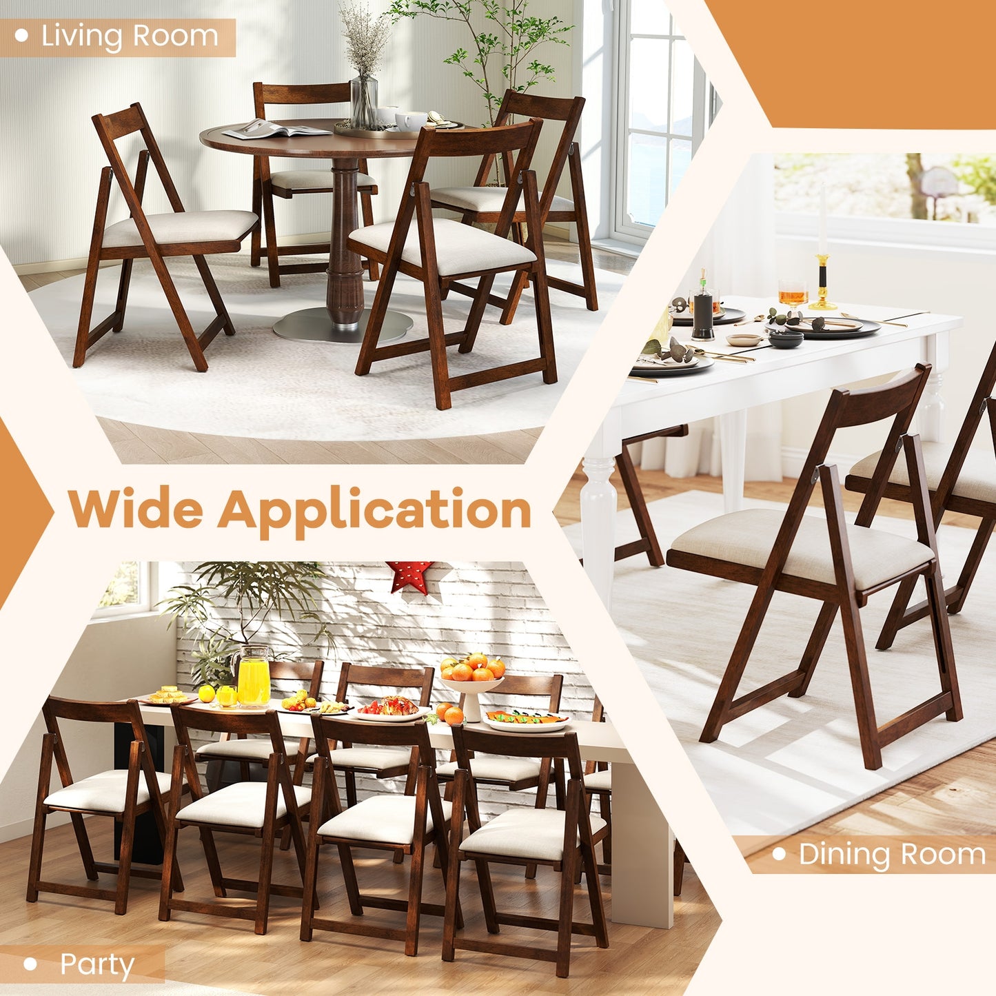 Set of 4 Folding Upholstered Dining Chairs with Curved Backrest in Walnut