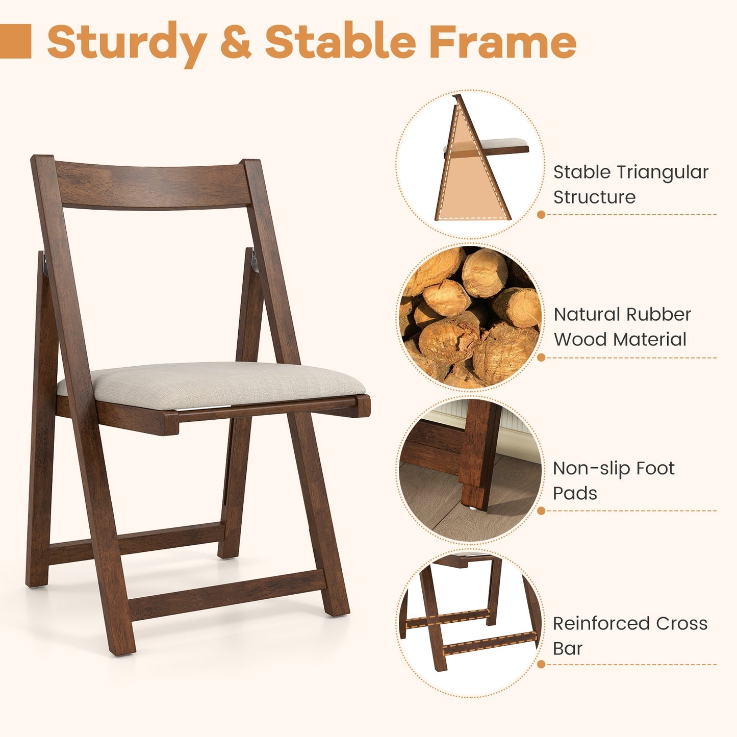 Set of 4 Folding Upholstered Dining Chairs with Curved Backrest in Walnut
