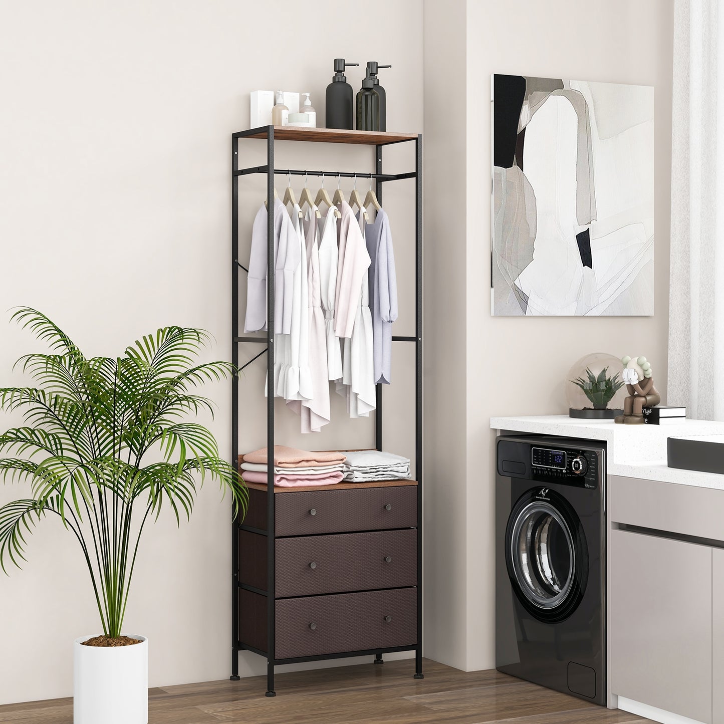 Metal Freestanding Closet Organizer with Woven Drawers and Adjustable Hanging Rod