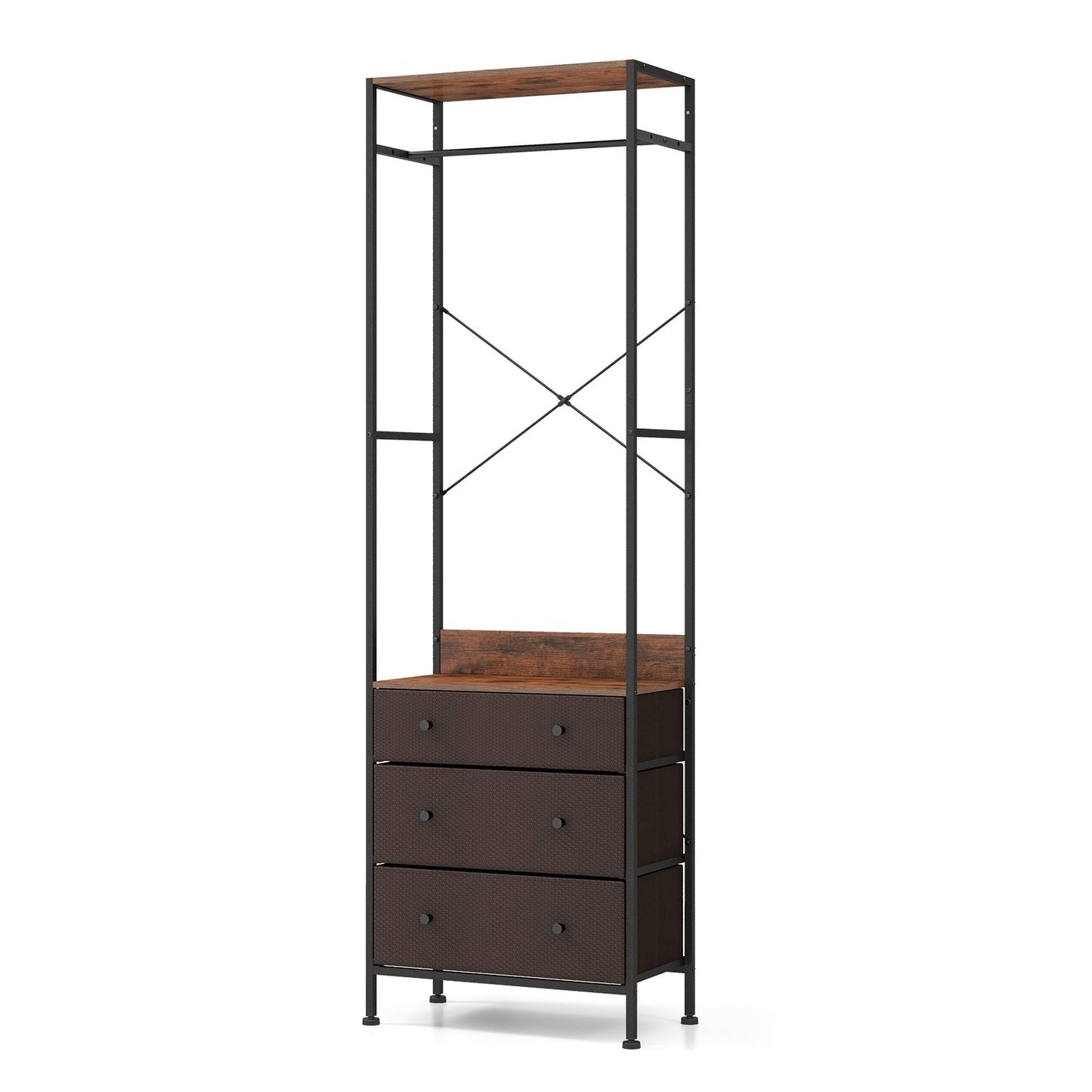 Metal Freestanding Closet Organizer with Woven Drawers and Adjustable Hanging Rod