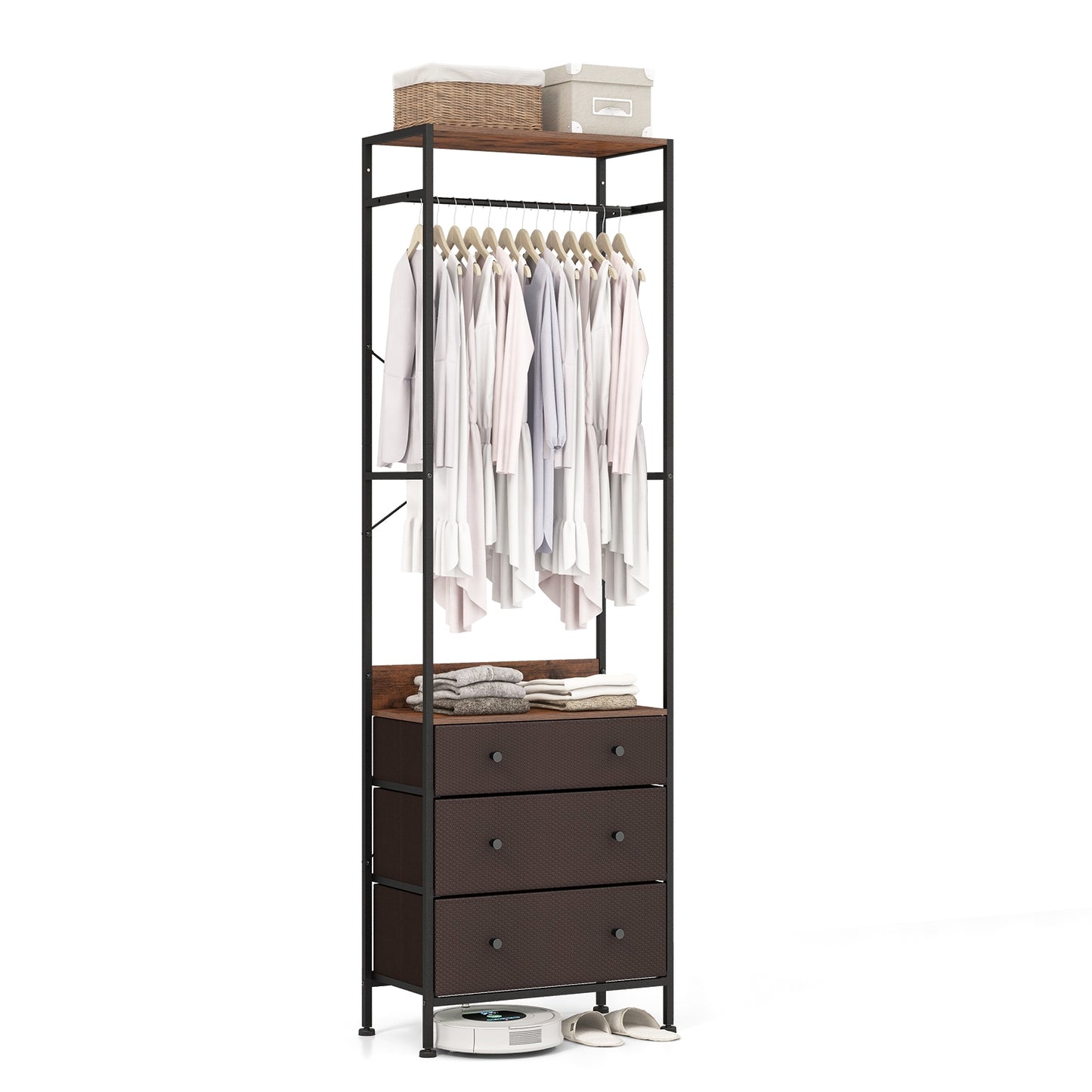 Metal Freestanding Closet Organizer with Woven Drawers and Adjustable Hanging Rod