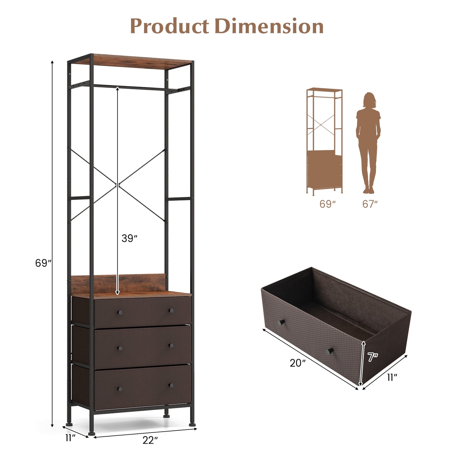 Metal Freestanding Closet Organizer with Woven Drawers and Adjustable Hanging Rod