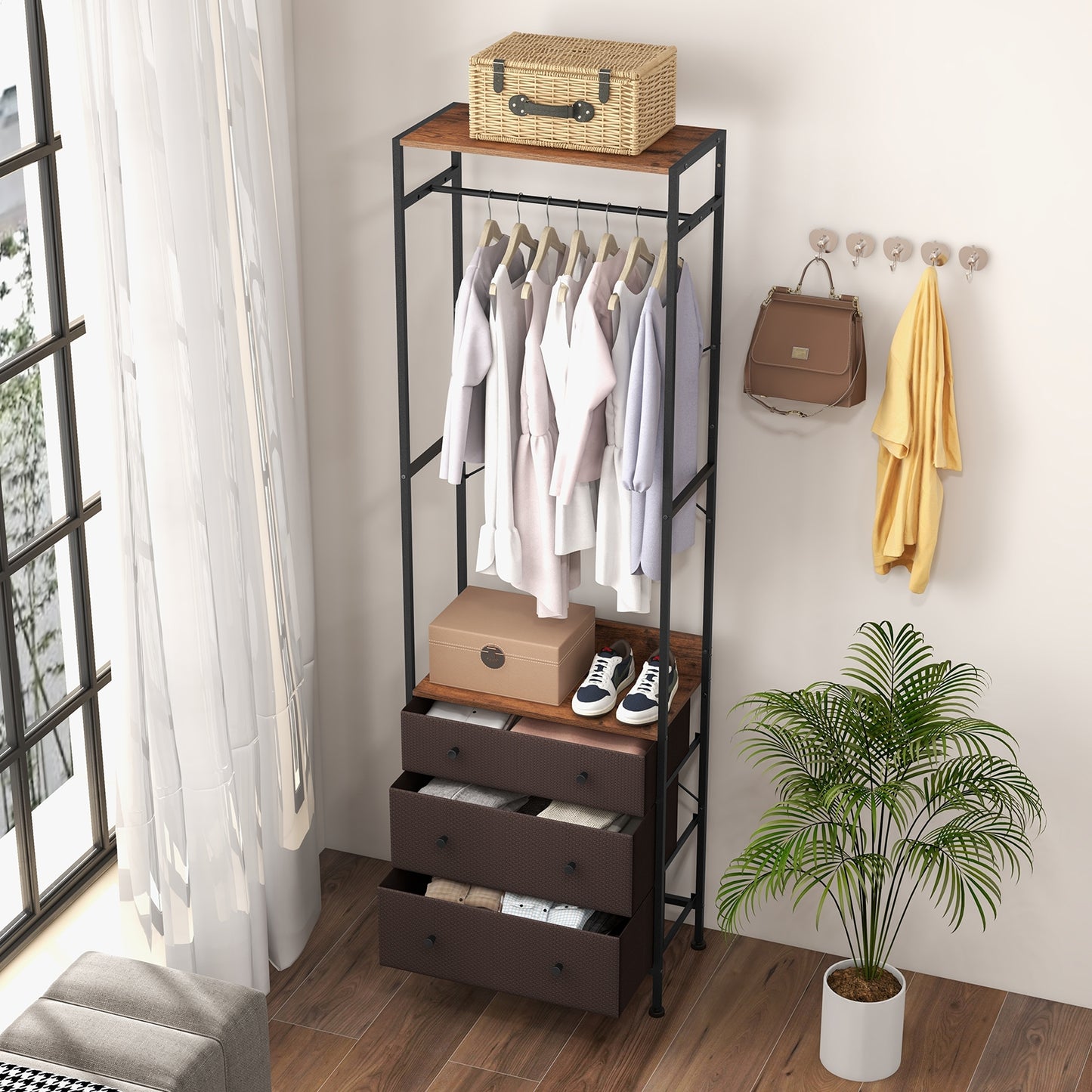 Metal Freestanding Closet Organizer with Woven Drawers and Adjustable Hanging Rod