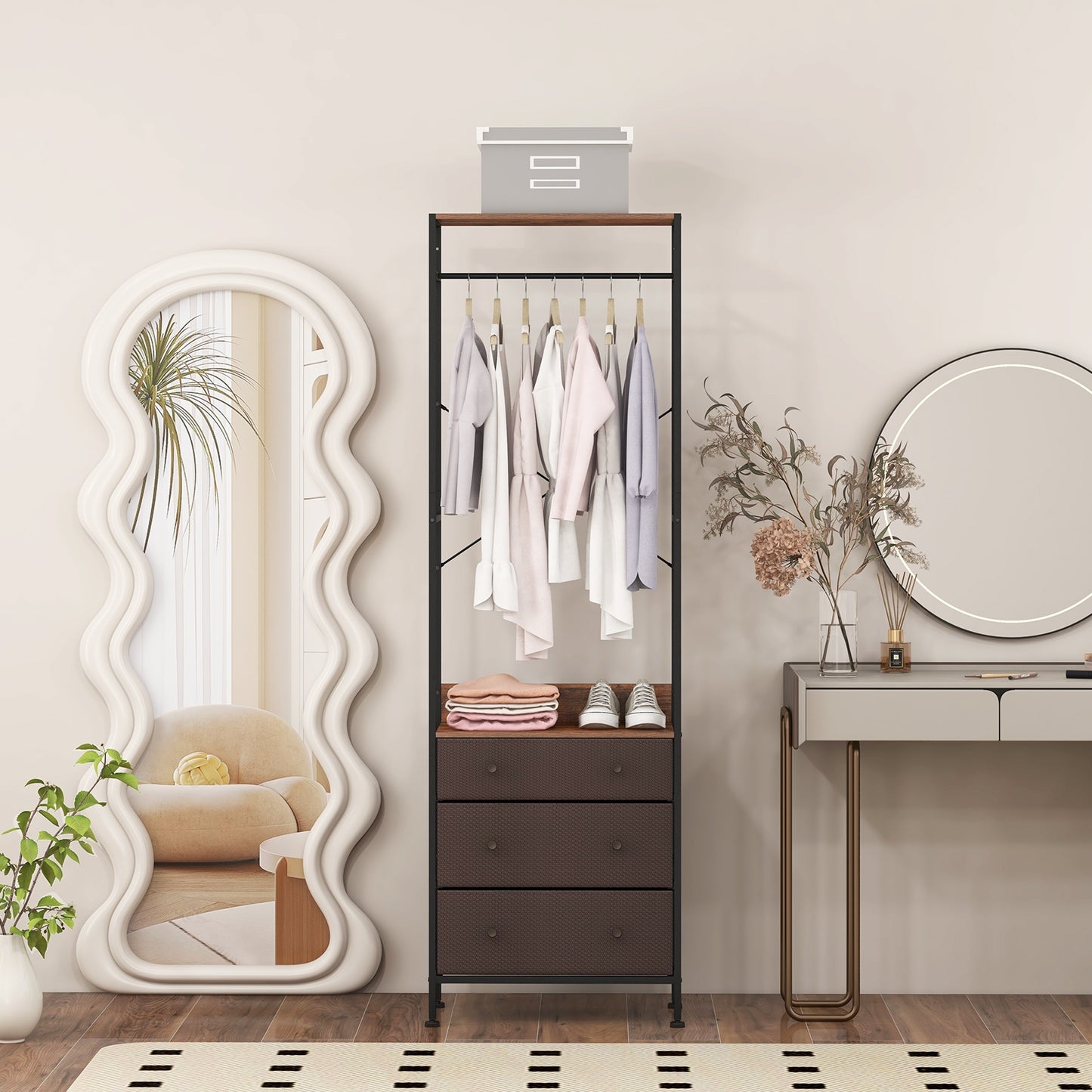 Metal Freestanding Closet Organizer with Woven Drawers and Adjustable Hanging Rod