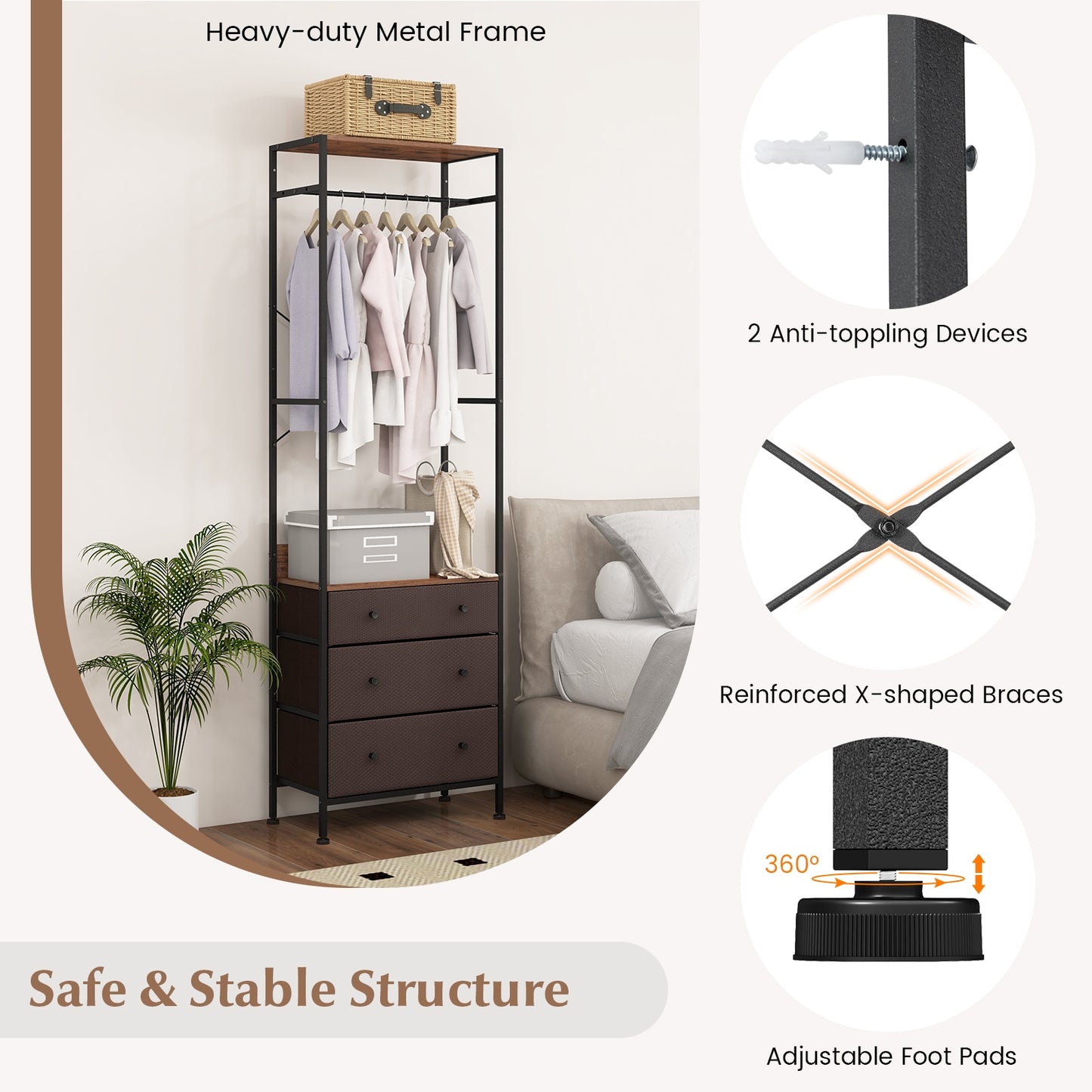 Metal Freestanding Closet Organizer with Woven Drawers and Adjustable Hanging Rod