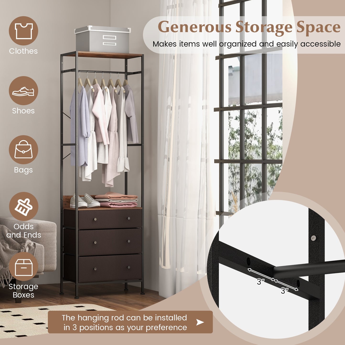 Metal Freestanding Closet Organizer with Woven Drawers and Adjustable Hanging Rod