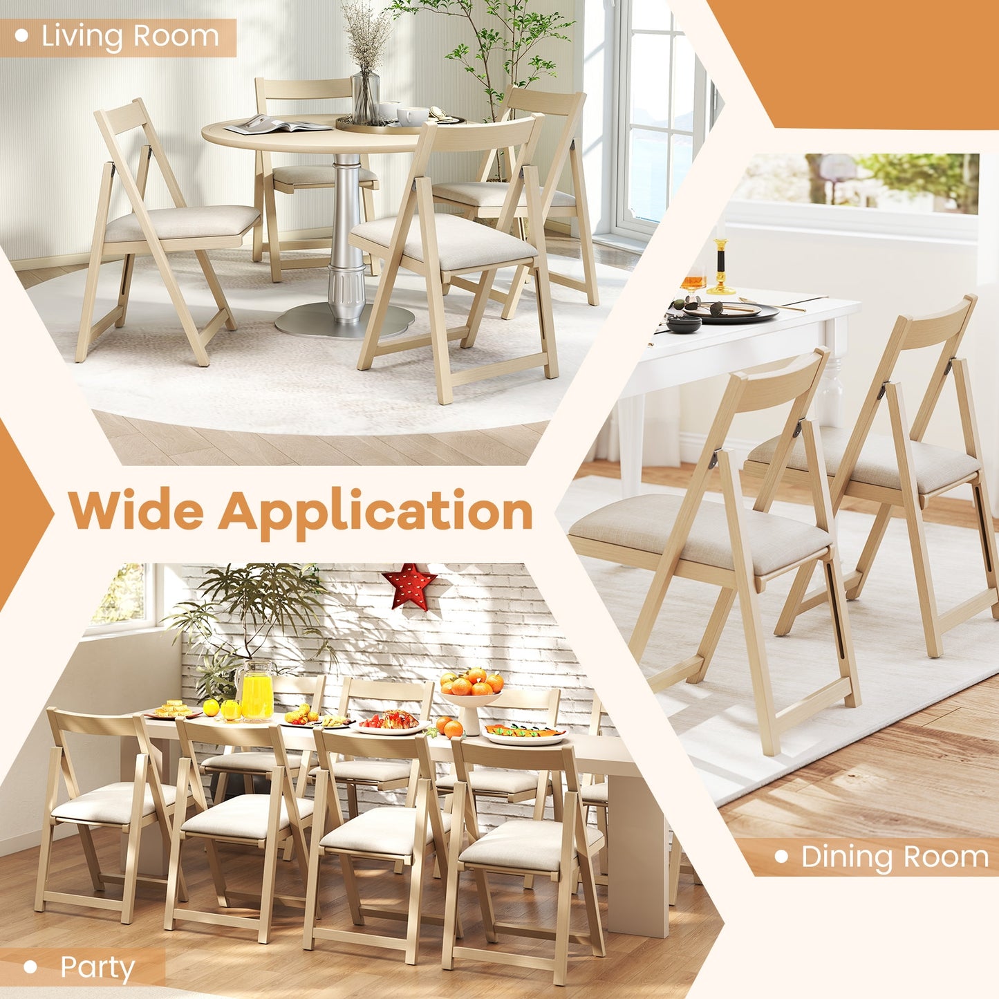 Set of 4 Folding Upholstered Dining Chairs with Curved Backrest in Beige