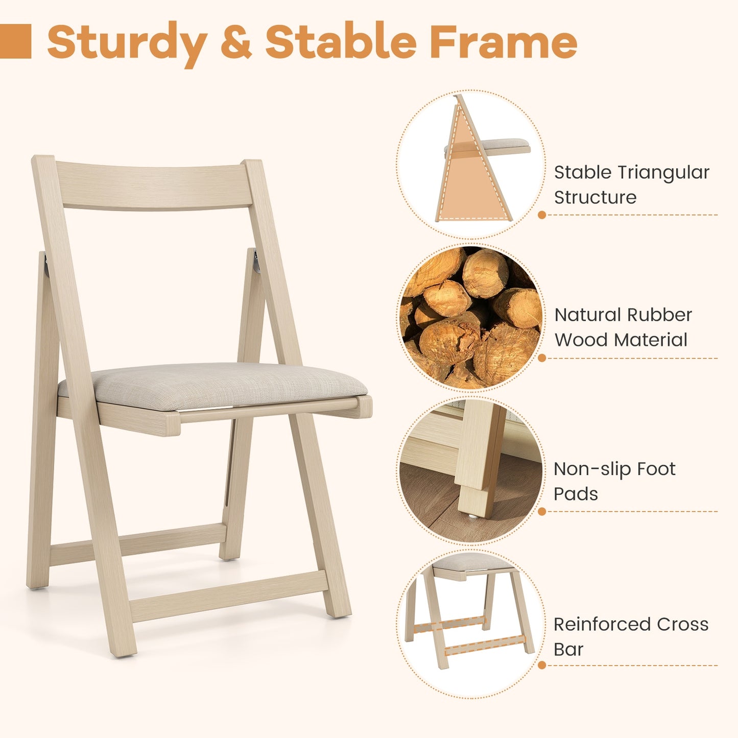 Set of 4 Folding Upholstered Dining Chairs with Curved Backrest in Beige