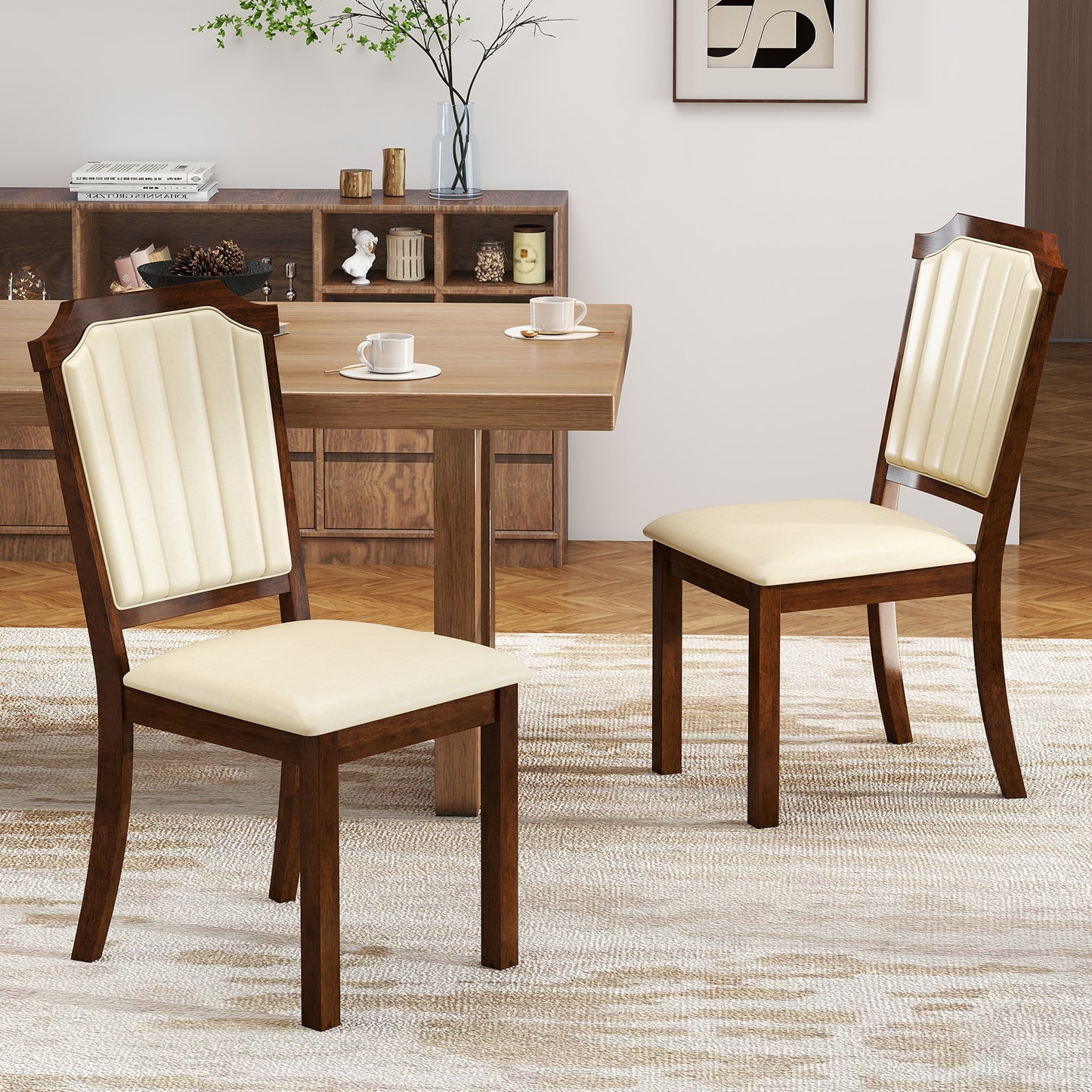 Elegant PU Leather Dining Chairs with Solid Rubber Wood Frame Set of 2