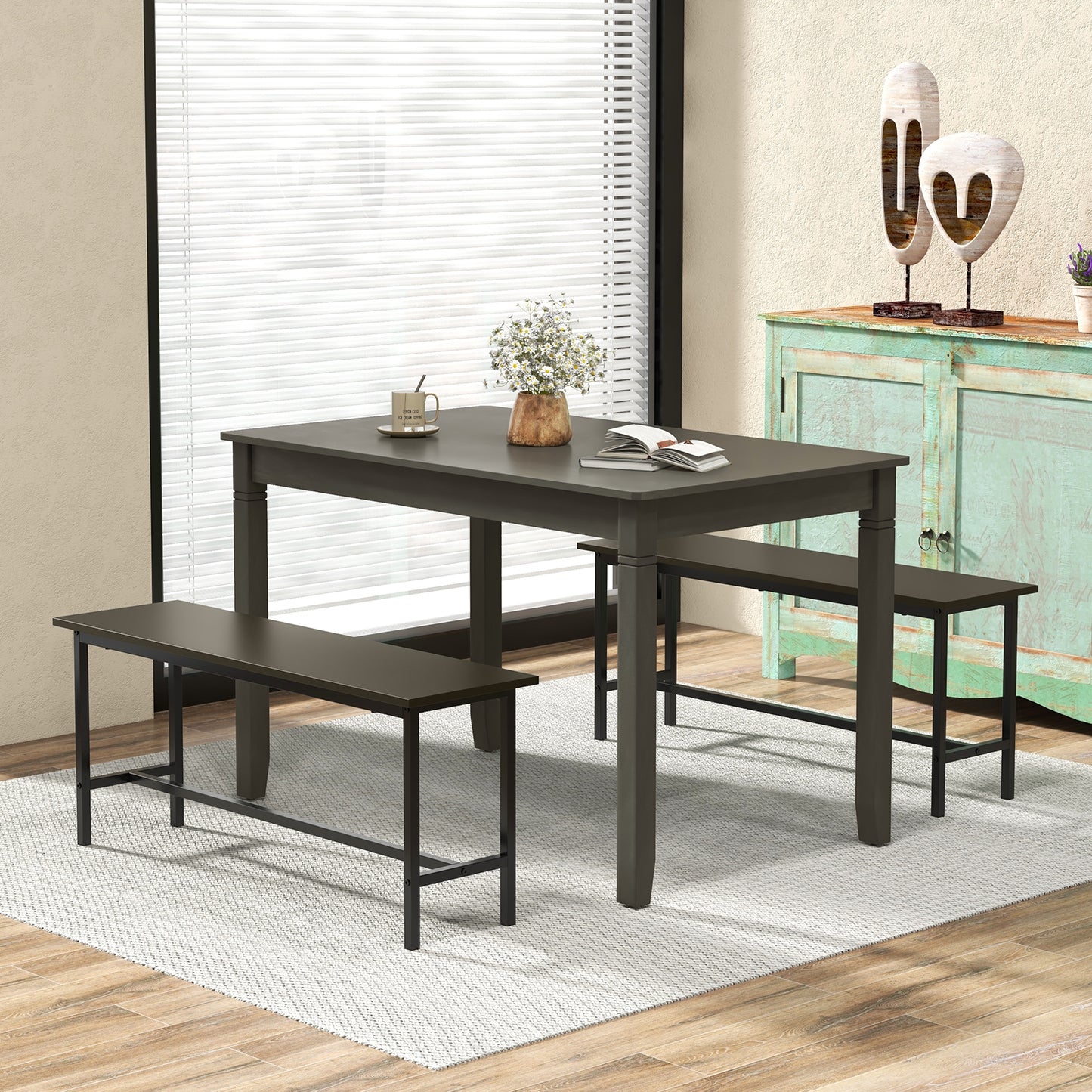 48 Inch Rectangular Wooden Dining Table for 4 with Solid Rubber Wood Legs in Grey Finish