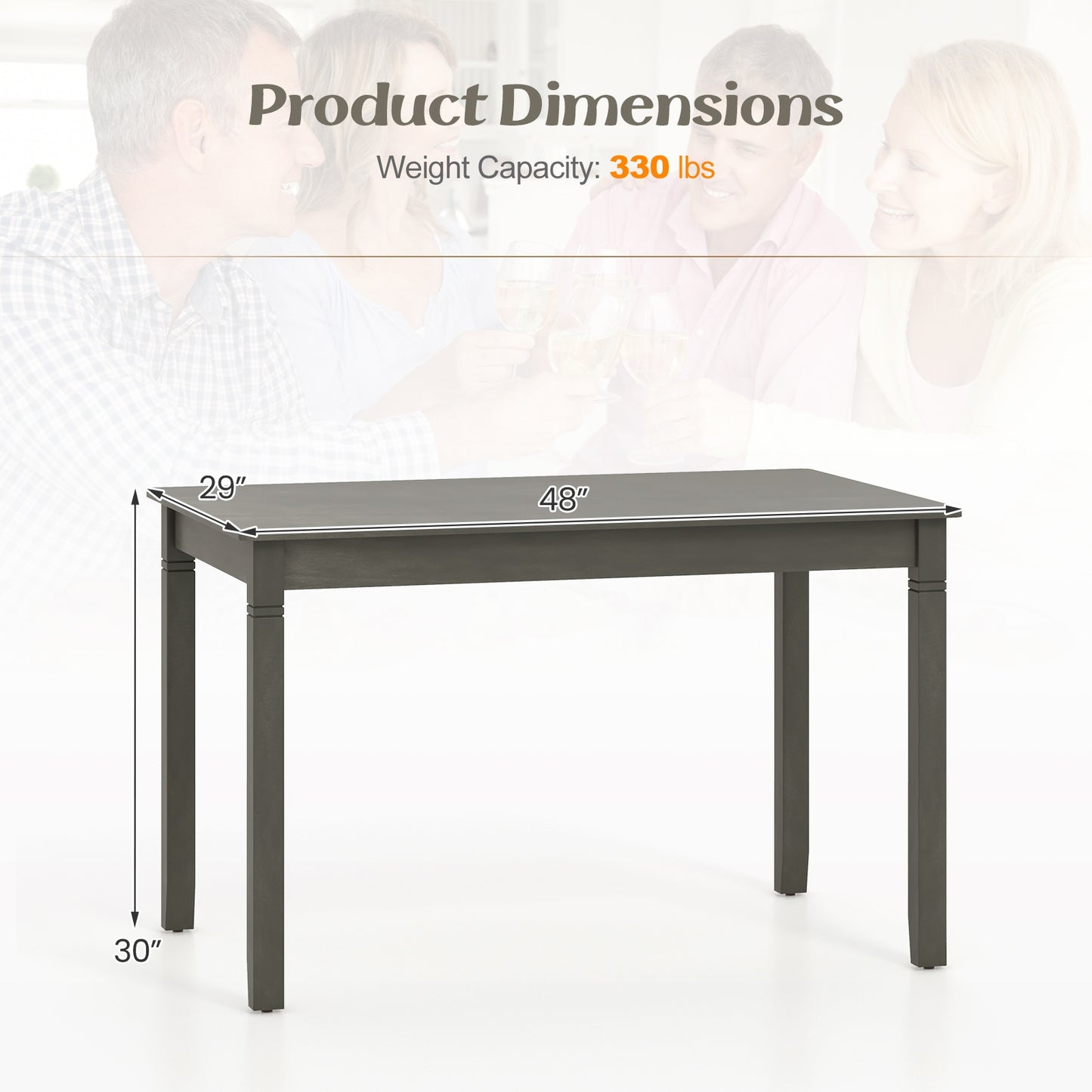 48 Inch Rectangular Wooden Dining Table for 4 with Solid Rubber Wood Legs in Grey Finish