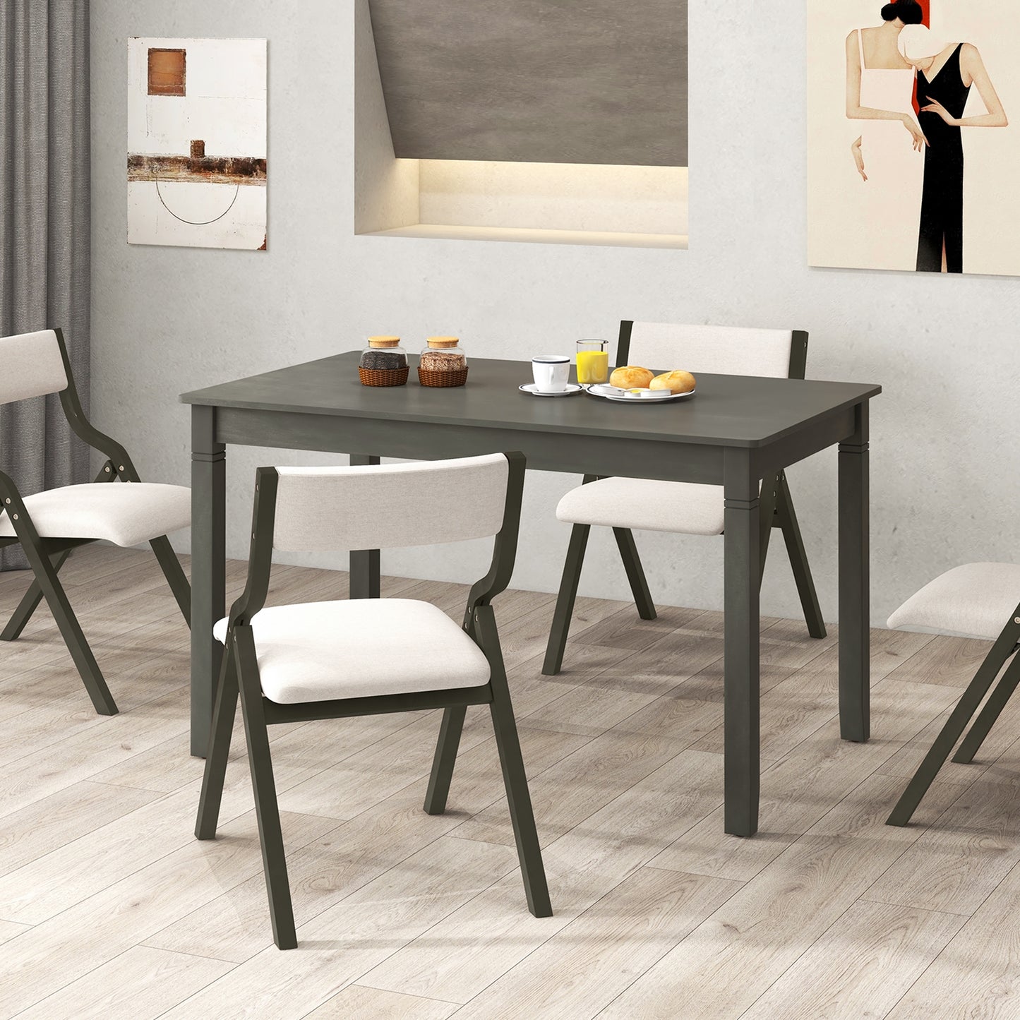 48 Inch Rectangular Wooden Dining Table for 4 with Solid Rubber Wood Legs in Grey Finish