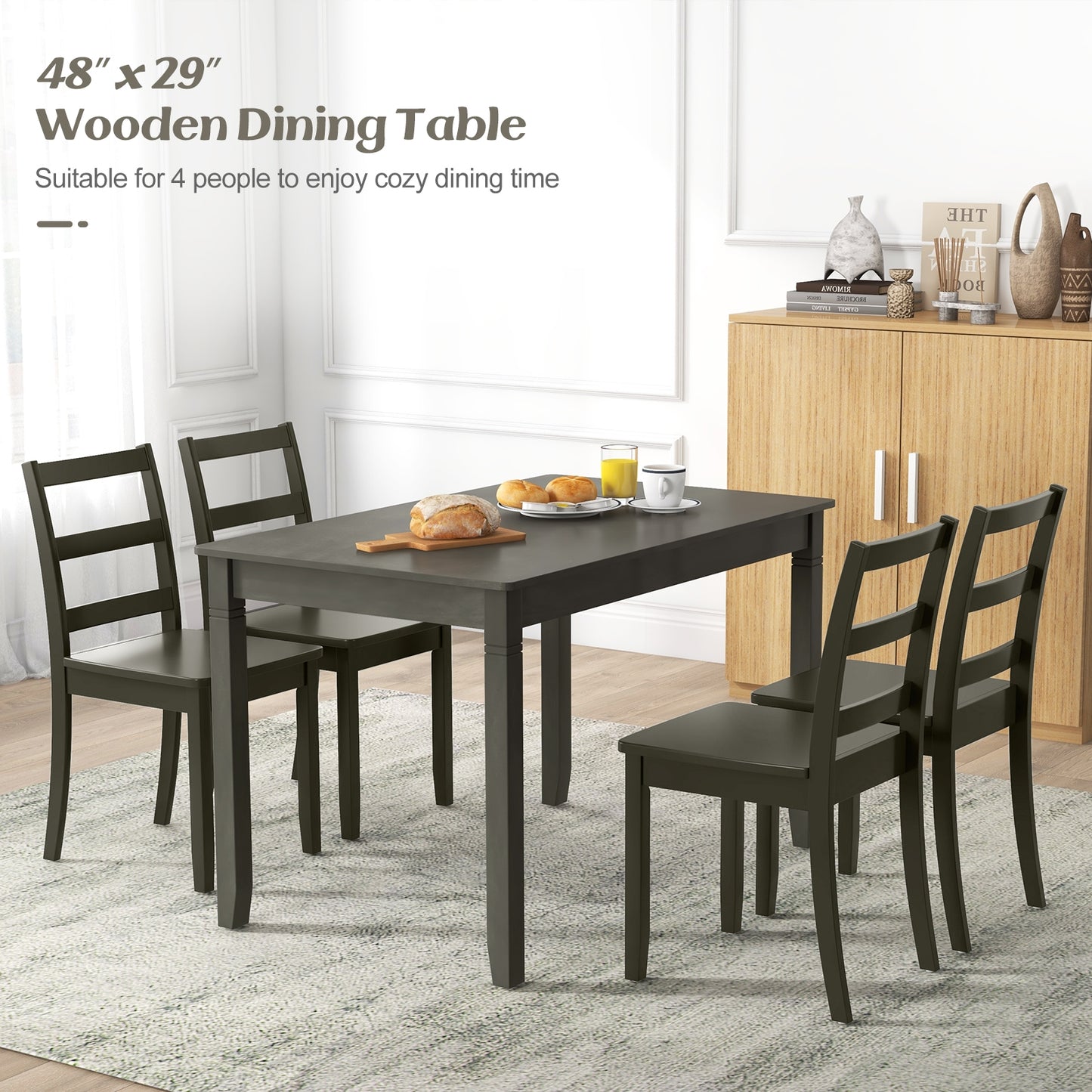 48 Inch Rectangular Wooden Dining Table for 4 with Solid Rubber Wood Legs in Grey Finish