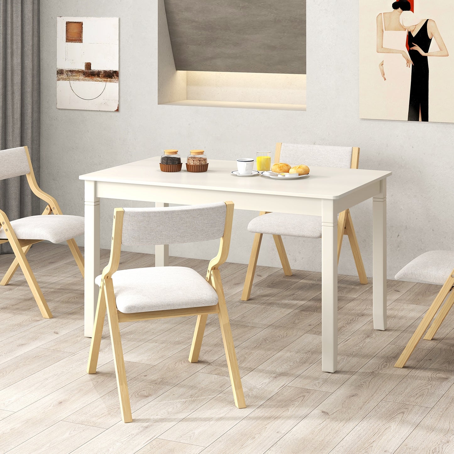 48 Inch Rectangular Wooden Dining Table for 4 with Solid Rubber Wood Legs in White Finish