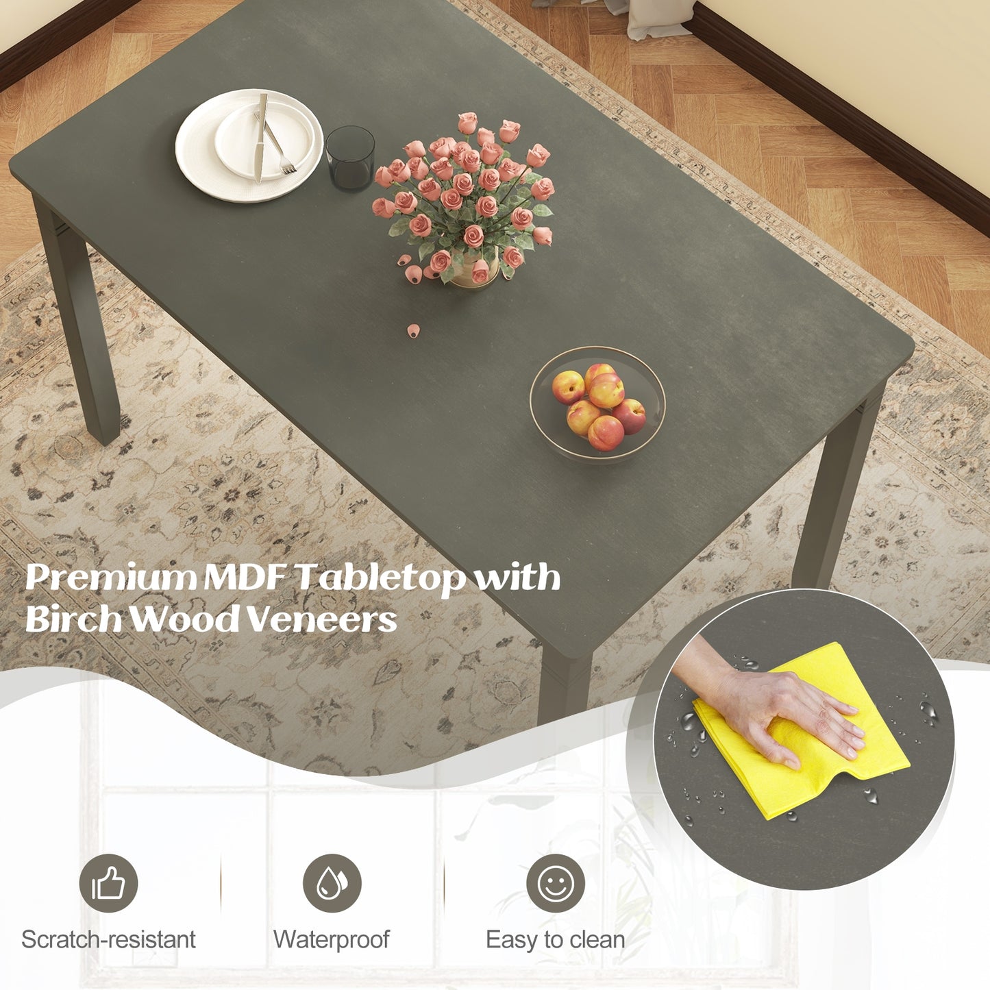 48 Inch Rectangular Wooden Dining Table for 4 with Solid Rubber Wood Legs in Grey Finish