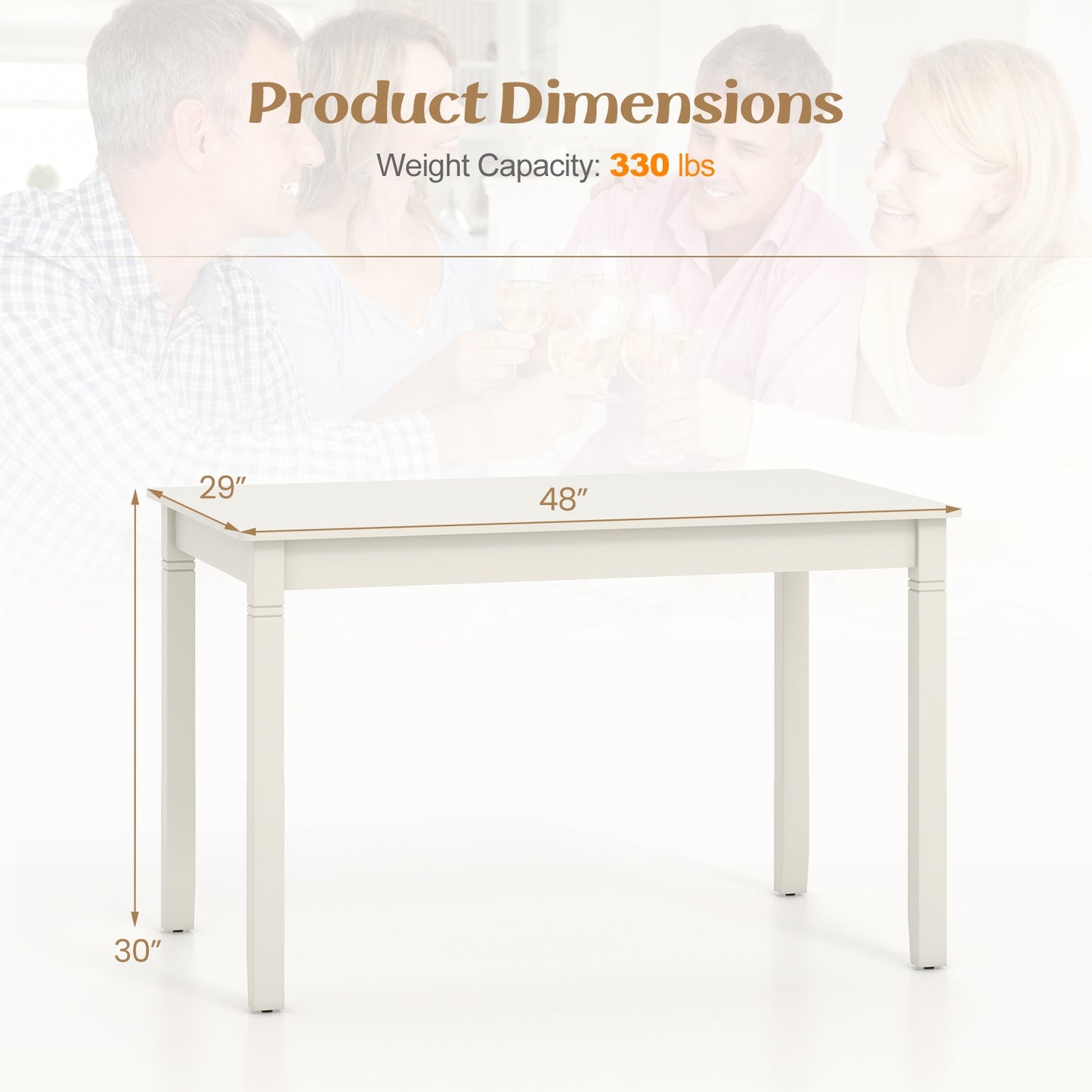 48 Inch Rectangular Wooden Dining Table for 4 with Solid Rubber Wood Legs in White Finish