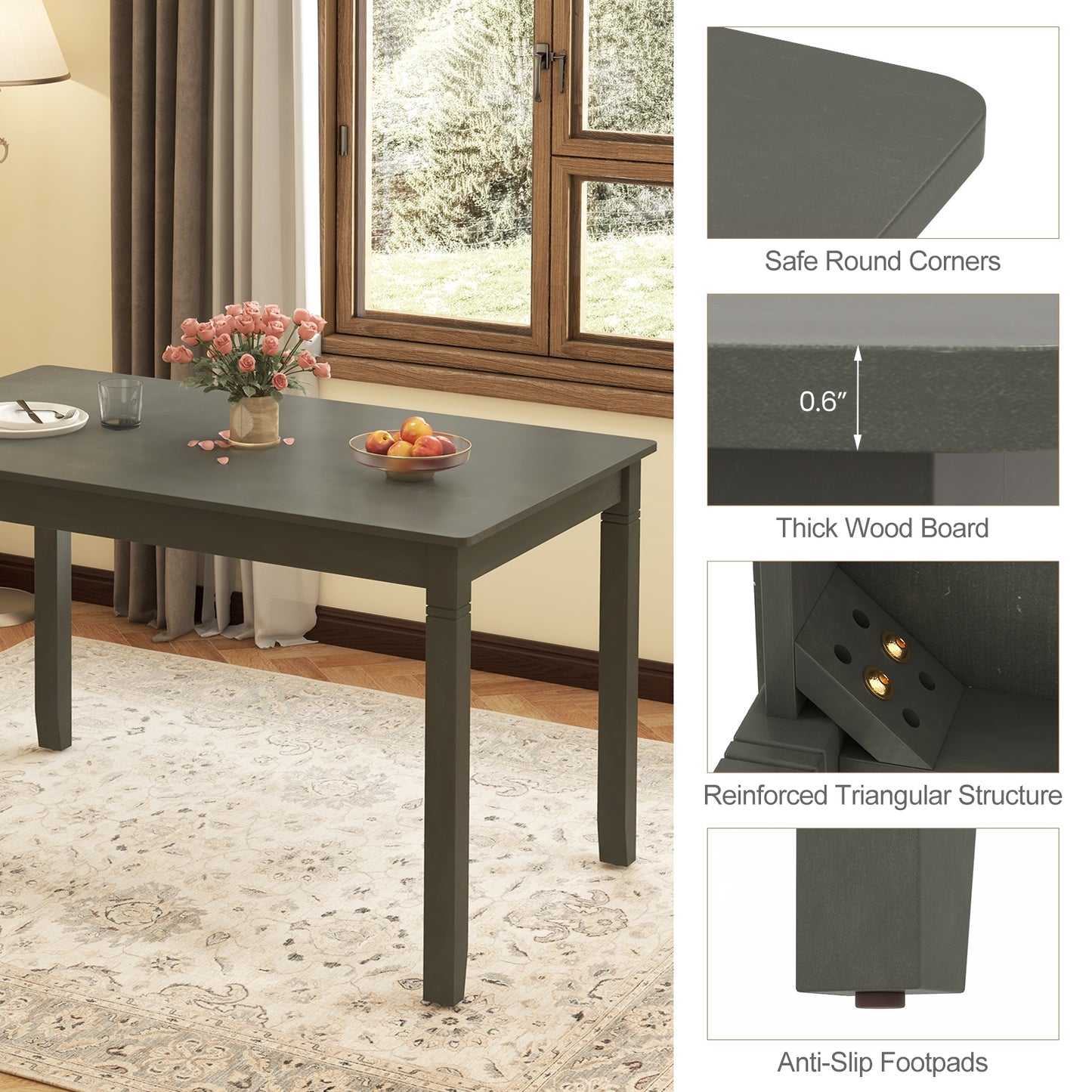 48 Inch Rectangular Wooden Dining Table for 4 with Solid Rubber Wood Legs in Grey Finish