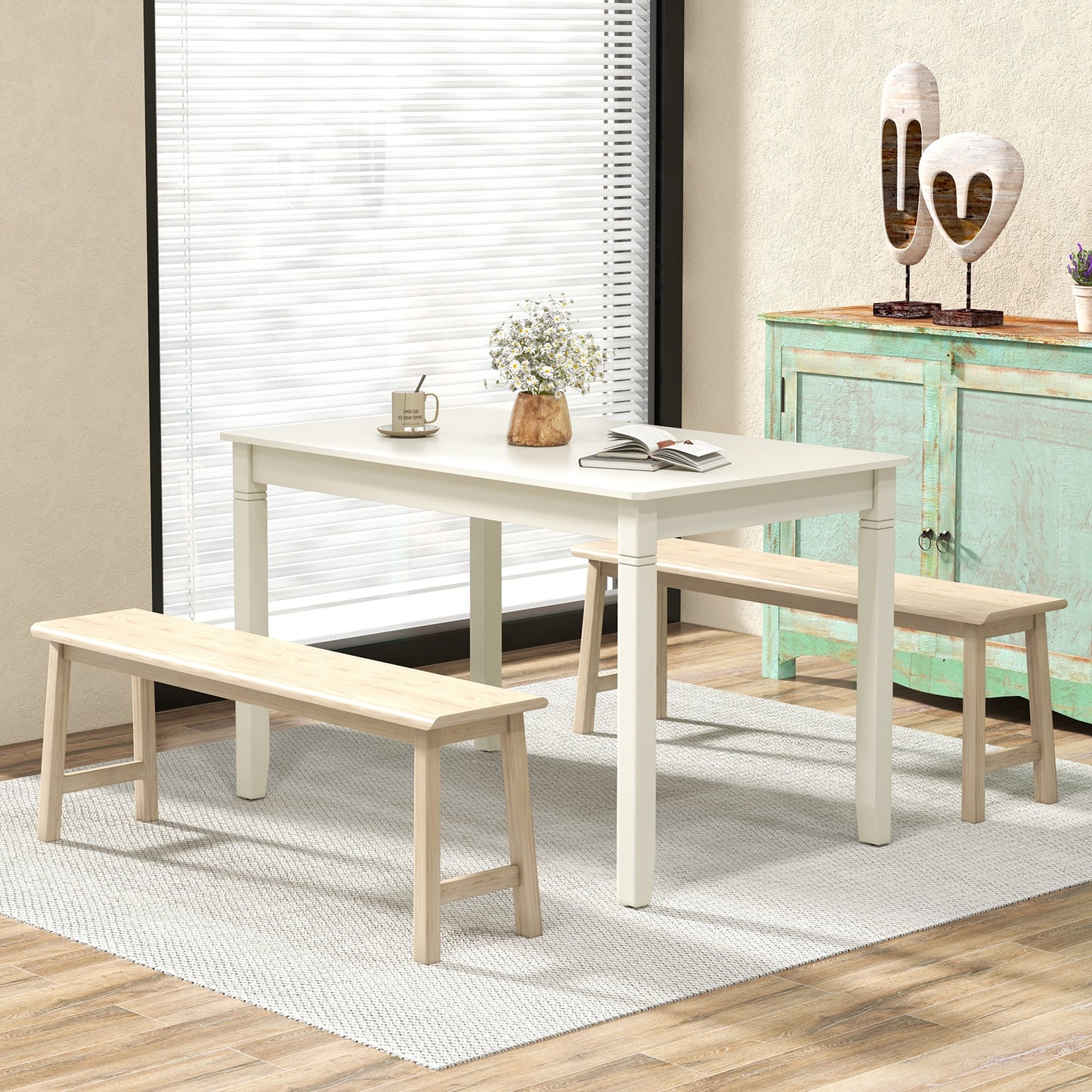 48 Inch Rectangular Wooden Dining Table for 4 with Solid Rubber Wood Legs in White Finish
