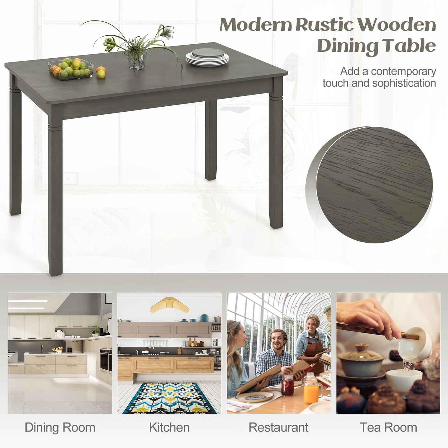 48 Inch Rectangular Wooden Dining Table for 4 with Solid Rubber Wood Legs in Grey Finish