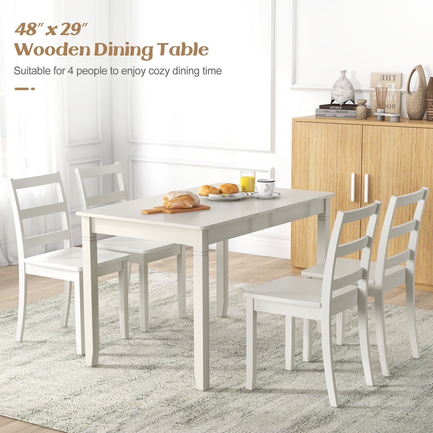 48 Inch Rectangular Wooden Dining Table for 4 with Solid Rubber Wood Legs in White Finish