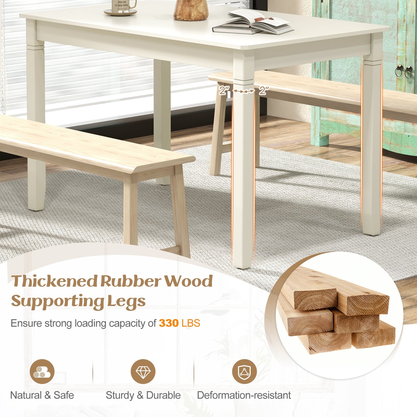 48 Inch Rectangular Wooden Dining Table for 4 with Solid Rubber Wood Legs in White Finish