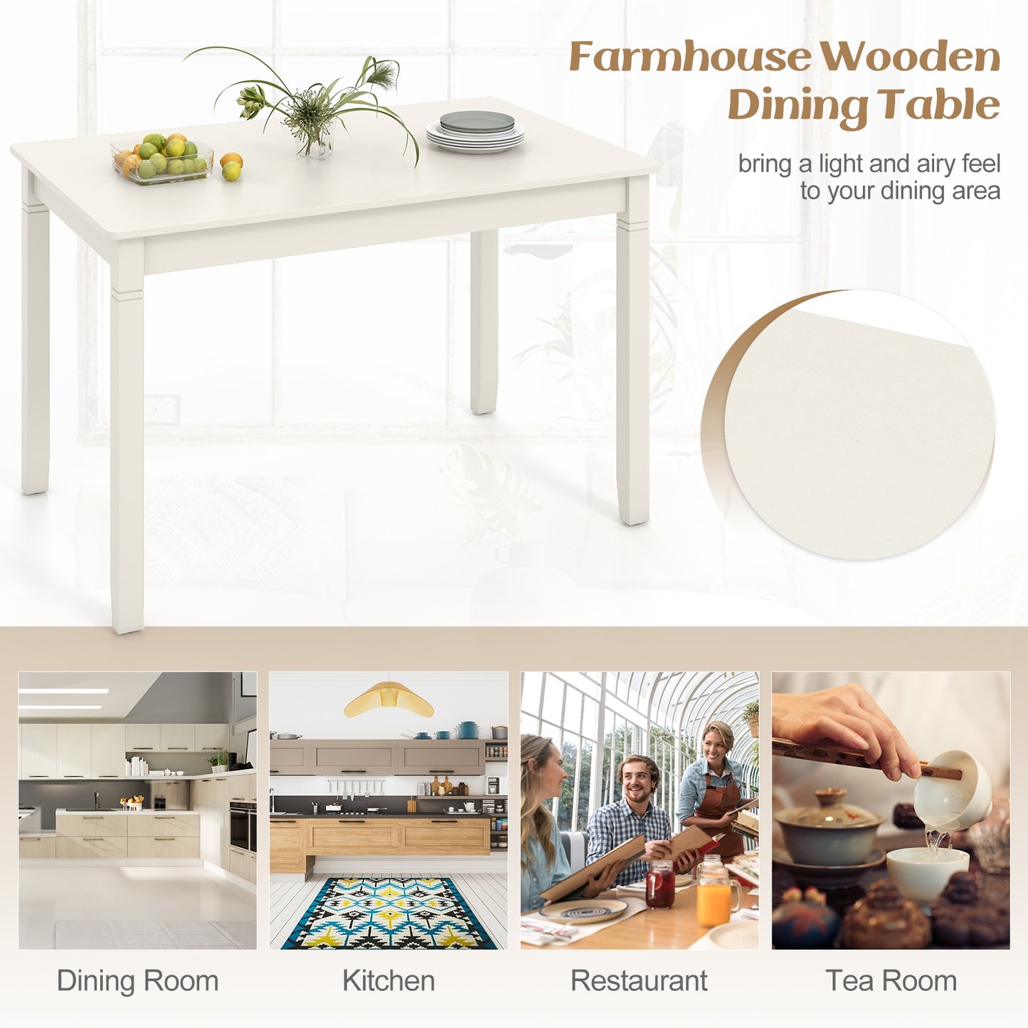 48 Inch Rectangular Wooden Dining Table for 4 with Solid Rubber Wood Legs in White Finish