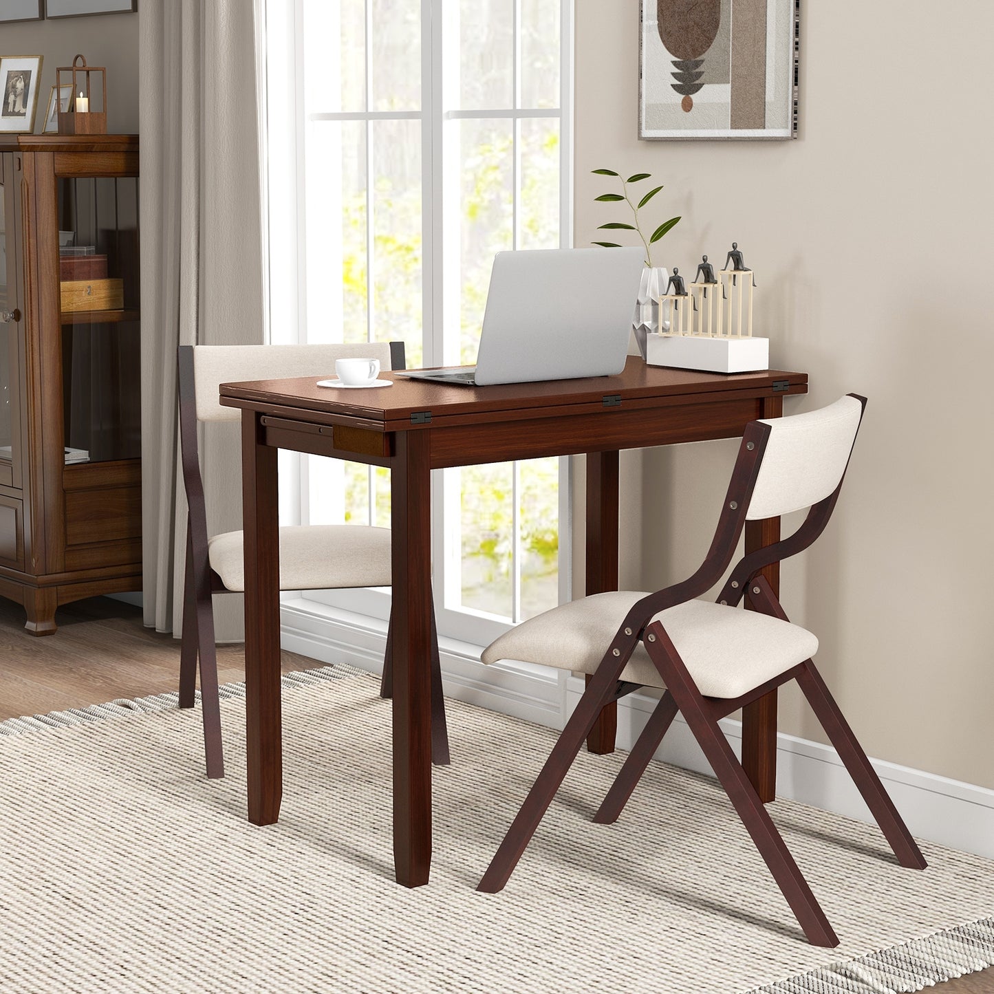 Expandable Kitchen Dining Set for 2 with Upholstered Folding Chairs and Storage Table