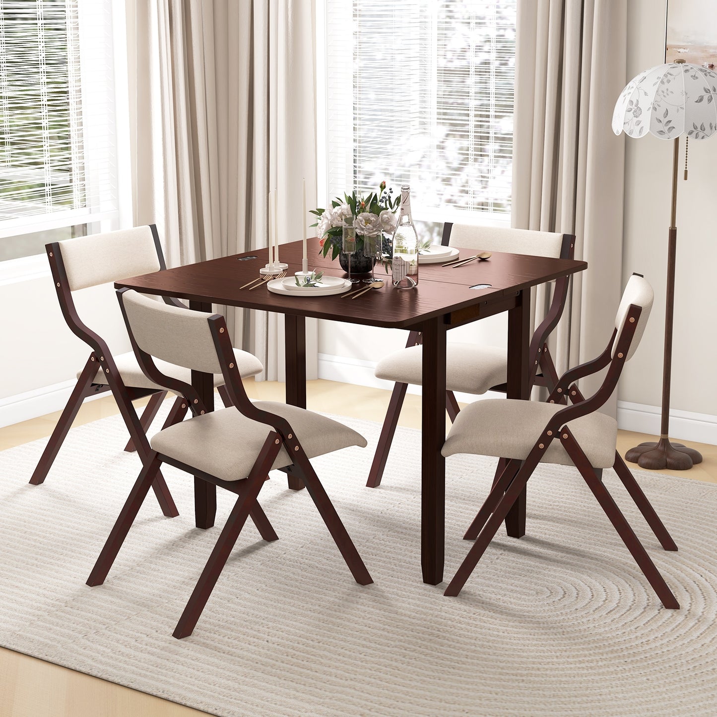 Expandable Kitchen Dining Set for 2 with Upholstered Folding Chairs and Storage Table