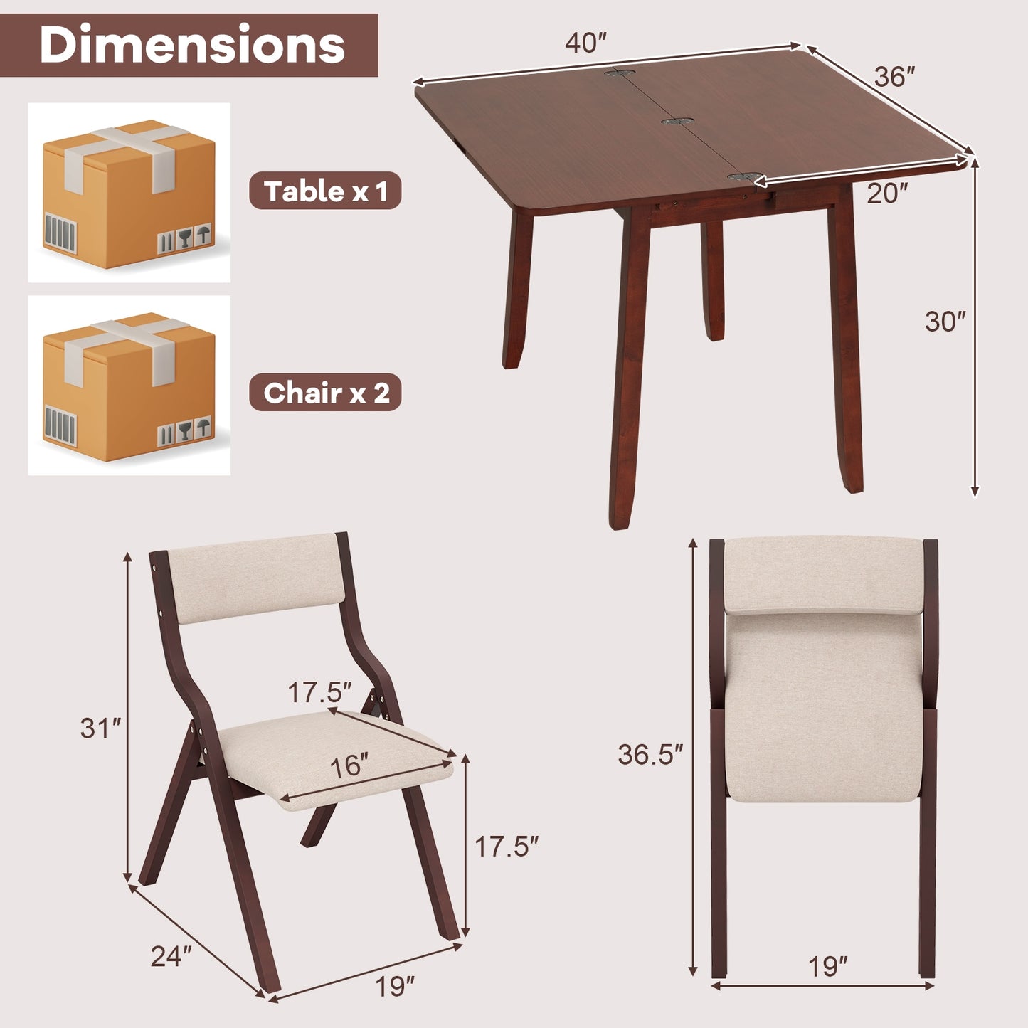 Expandable Kitchen Dining Set for 2 with Upholstered Folding Chairs and Storage Table