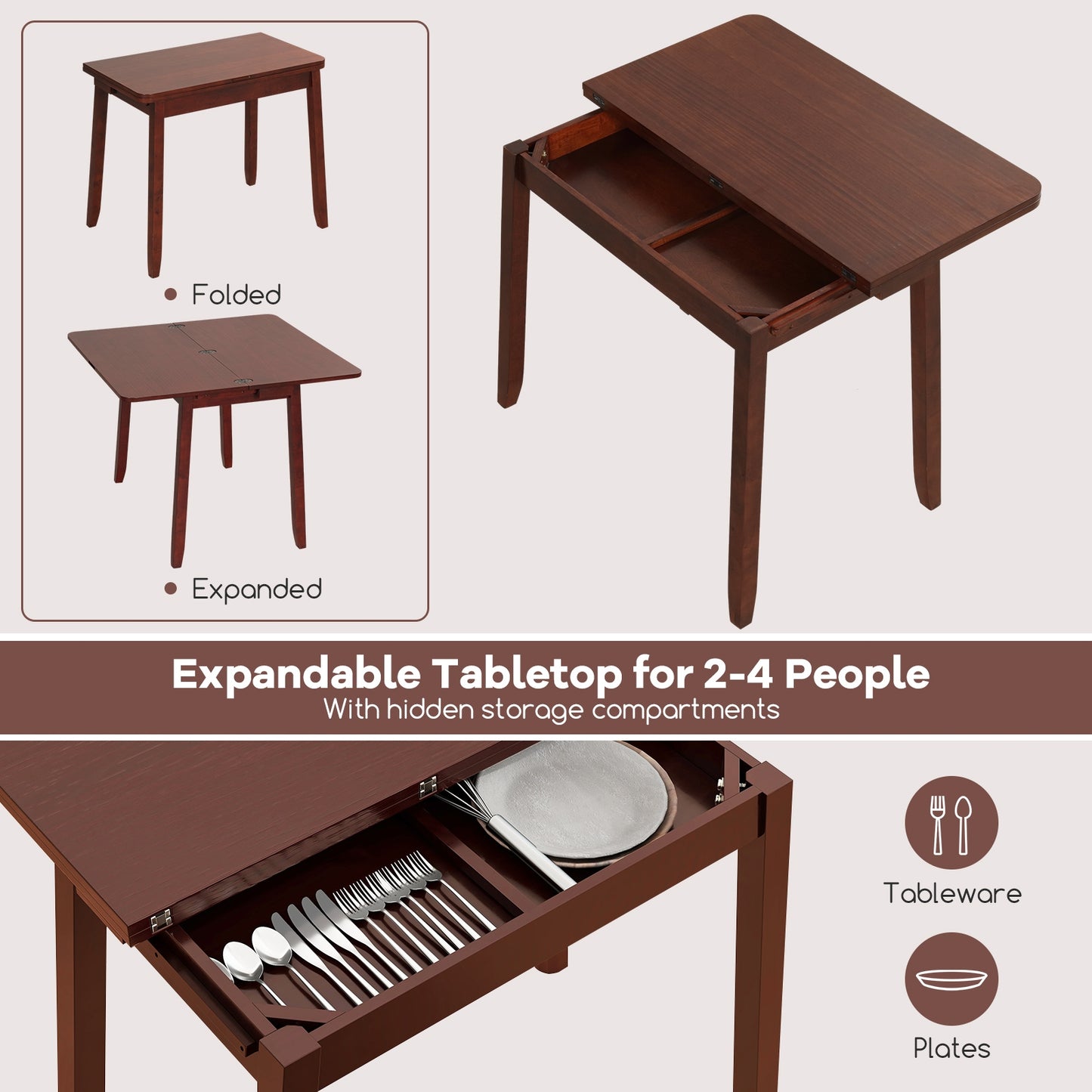 Expandable Kitchen Dining Set for 2 with Upholstered Folding Chairs and Storage Table