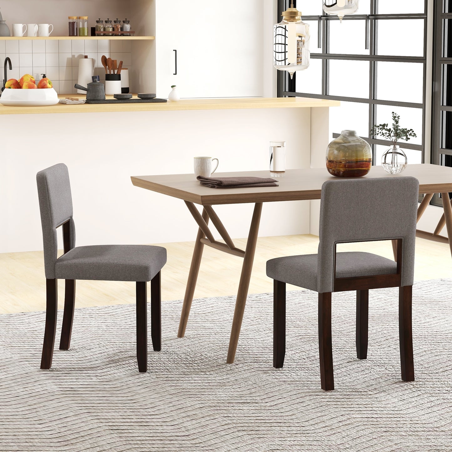 Modern Wooden Dining Chairs with Acacia Wood Frame and Padded Linen Seat and Back - Grey, Set of 2
